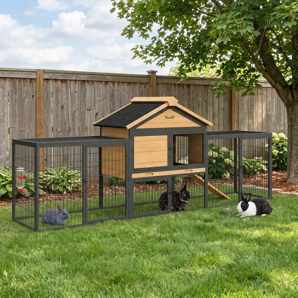 Wooden Rabbit Hutch Outdoor, 85" Large Bunny Cage with Steel Run, Removable Plastic Tray, Asphalt Roof, Ramp