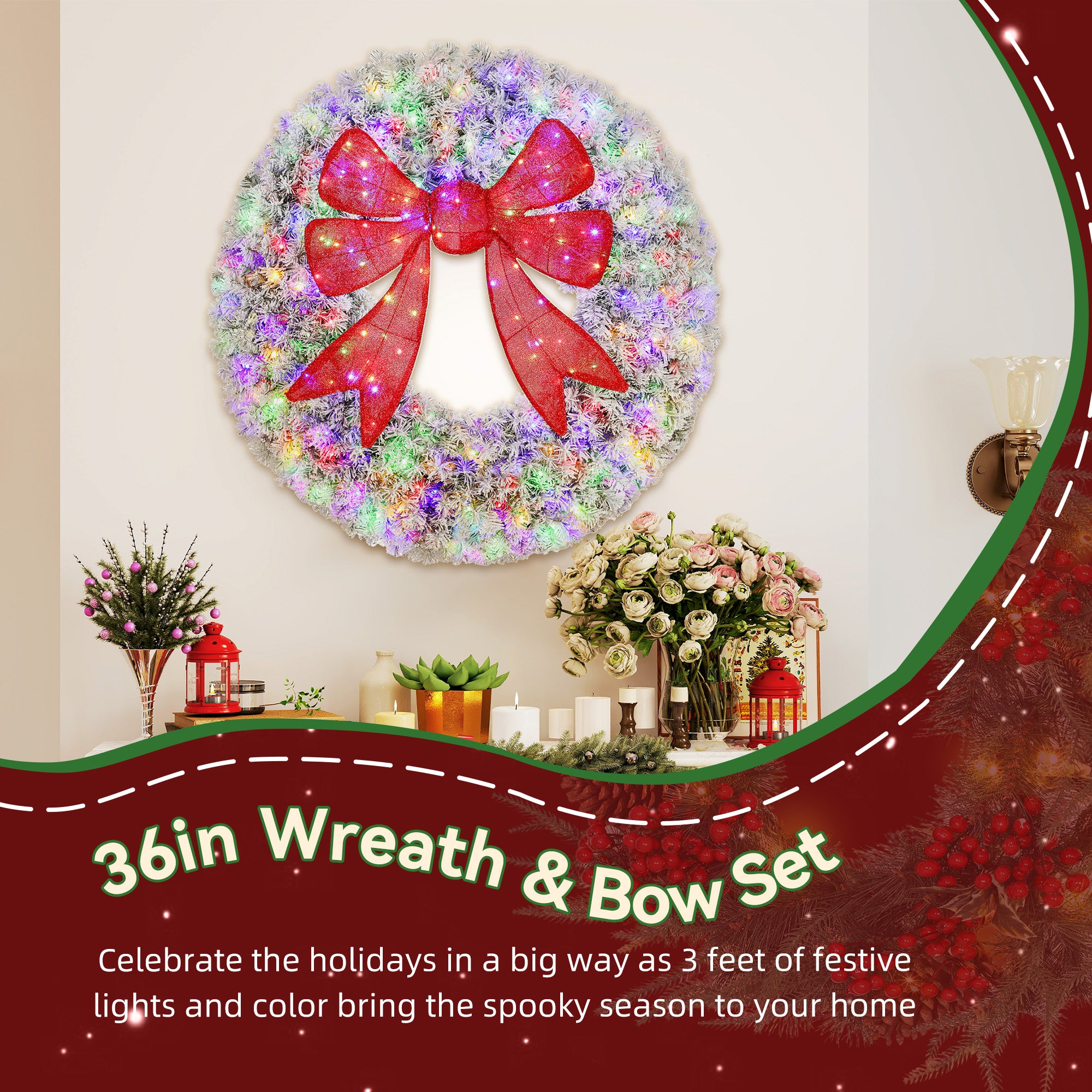36in Flocked Pre-Lit Christmas Wreath with 3D Red Bow, 11 Lighting Modes, Front Door Christmas Wreath with Remote
