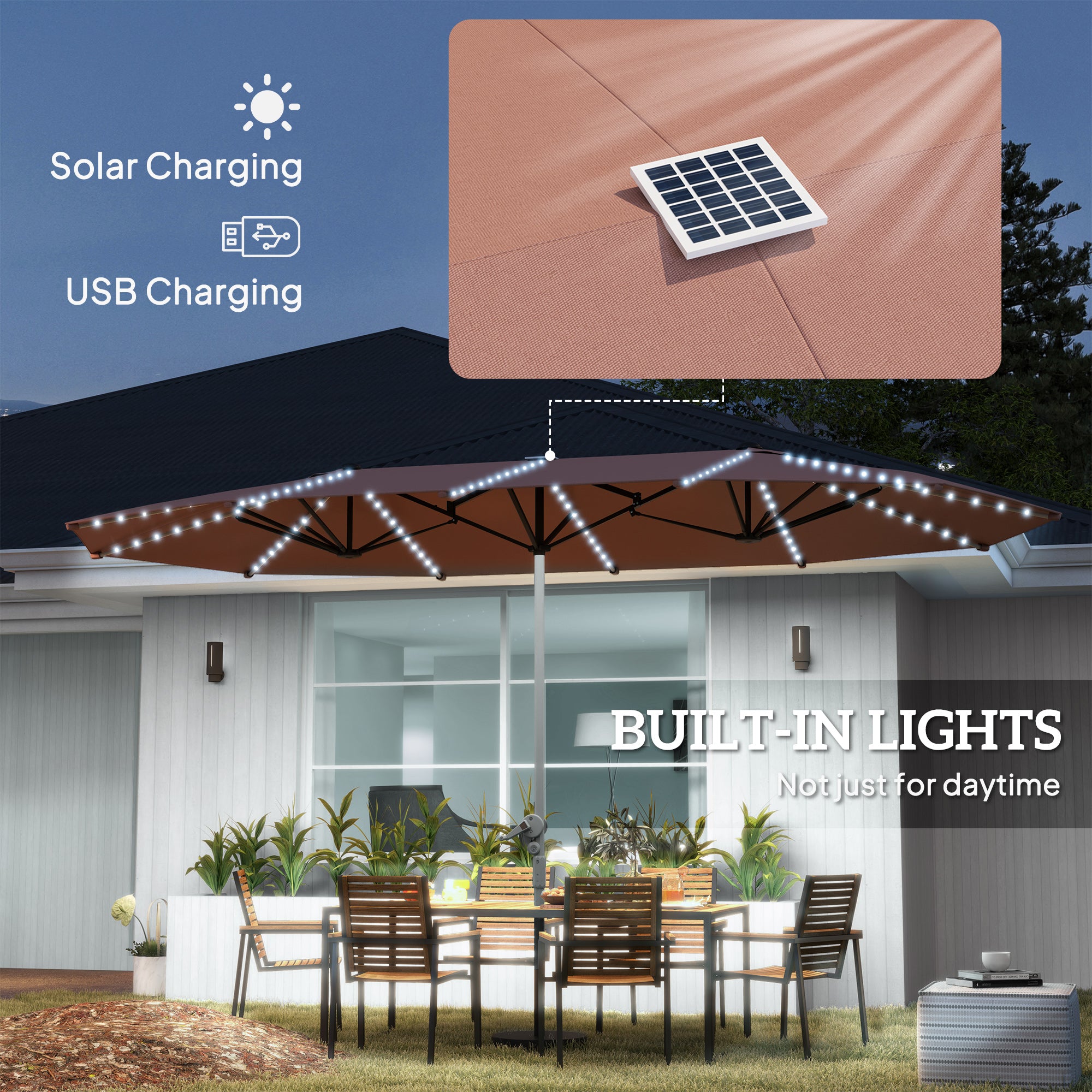 15ft Double-Sided Outdoor Umbrella with Solar Lights, UPF50+ Extra Large Aluminum Patio Umbrella with Crank, Tan