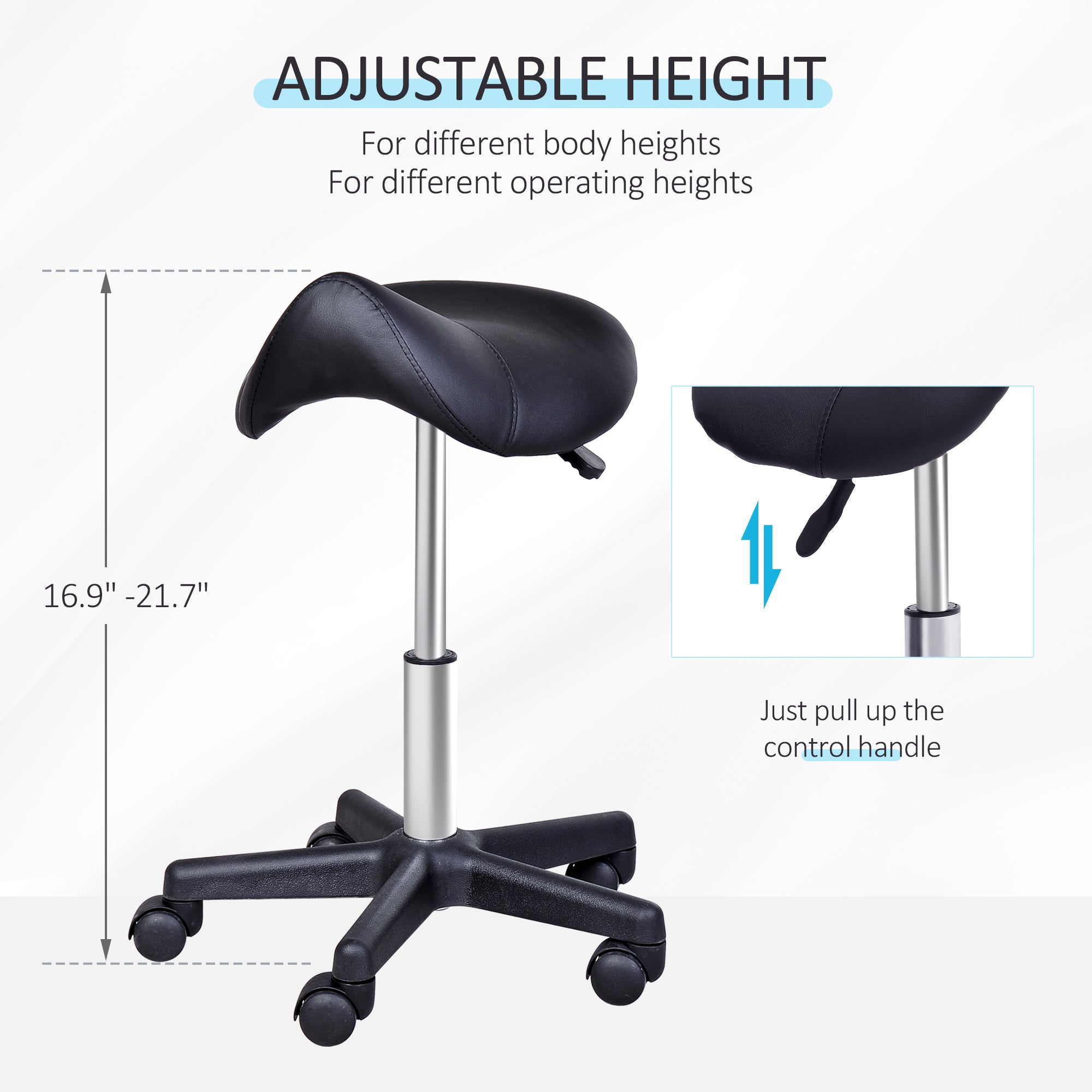 Rolling Saddle Stool, Swivel Salon Chair, Ergonomic Faux Leather Stool, Adjustable Height with Wheels for Spa, Salon, Massage, Office, Black