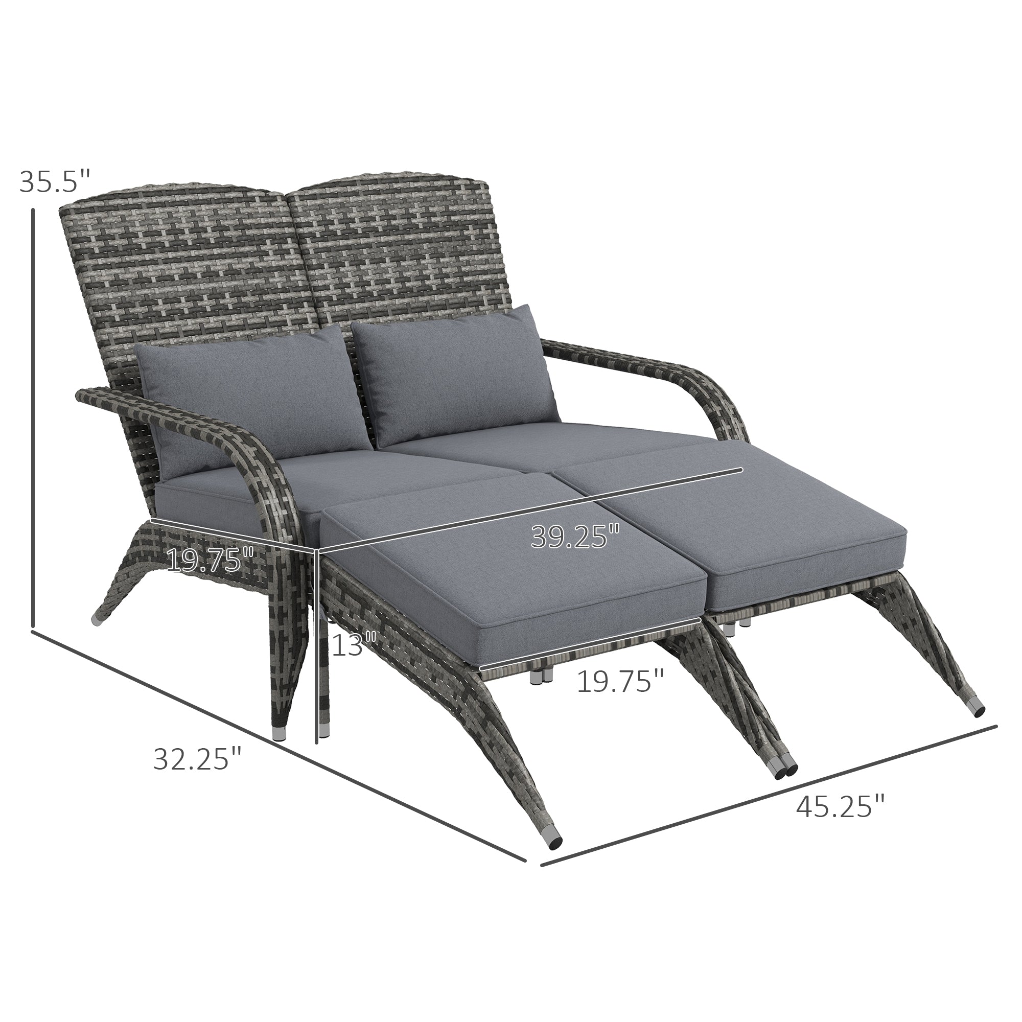 Wicker Adirondack Chair for 2 with Cushions & Footrests, PE Rattan Double Chaise Lounge Chair, Fire Pit Chair for Porch with High-back, Wide Armrests, Mixed Gray