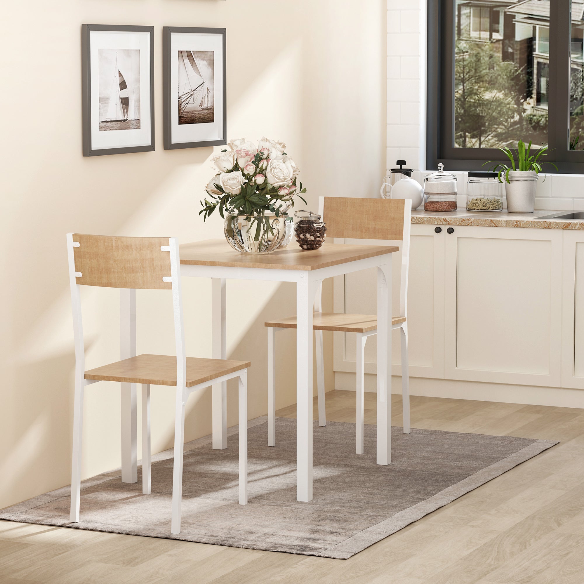 3-Piece Wooden Square Dining Table Set with 1 Table and 2 Chairs and Sturdy Metal Frame for Small Space, White