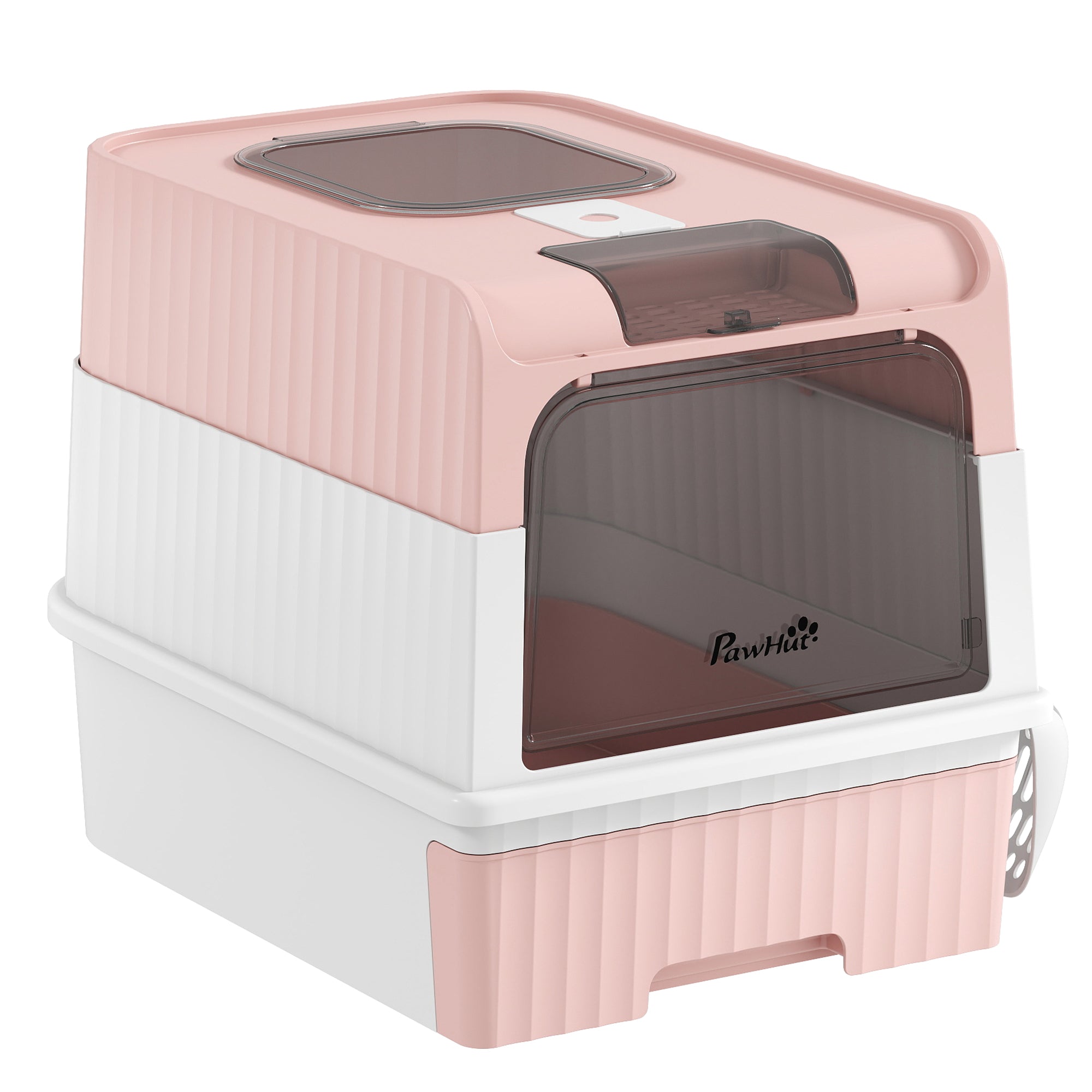 Cat Litter Box Hooded Cat Litter Tray with Drawer Pan Front Entry & Top Exit Easy Cleaning Pink
