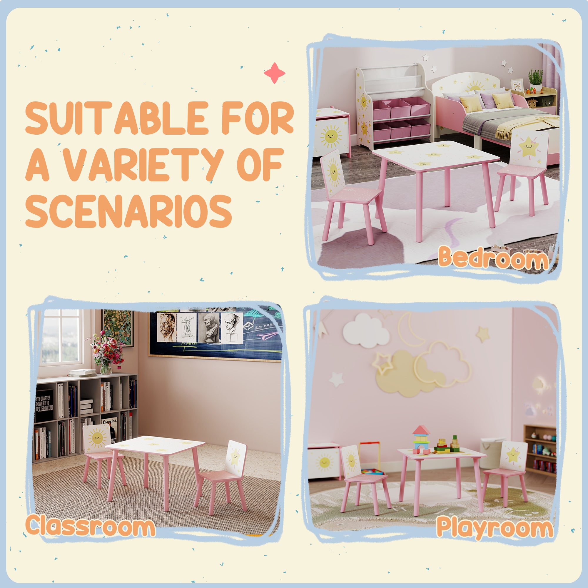 3-Piece Kids Toddler Table and Chair Set Furniture for Boys and Girls Aged 3-8, Bedroom, Nursery, Playroom, Pink