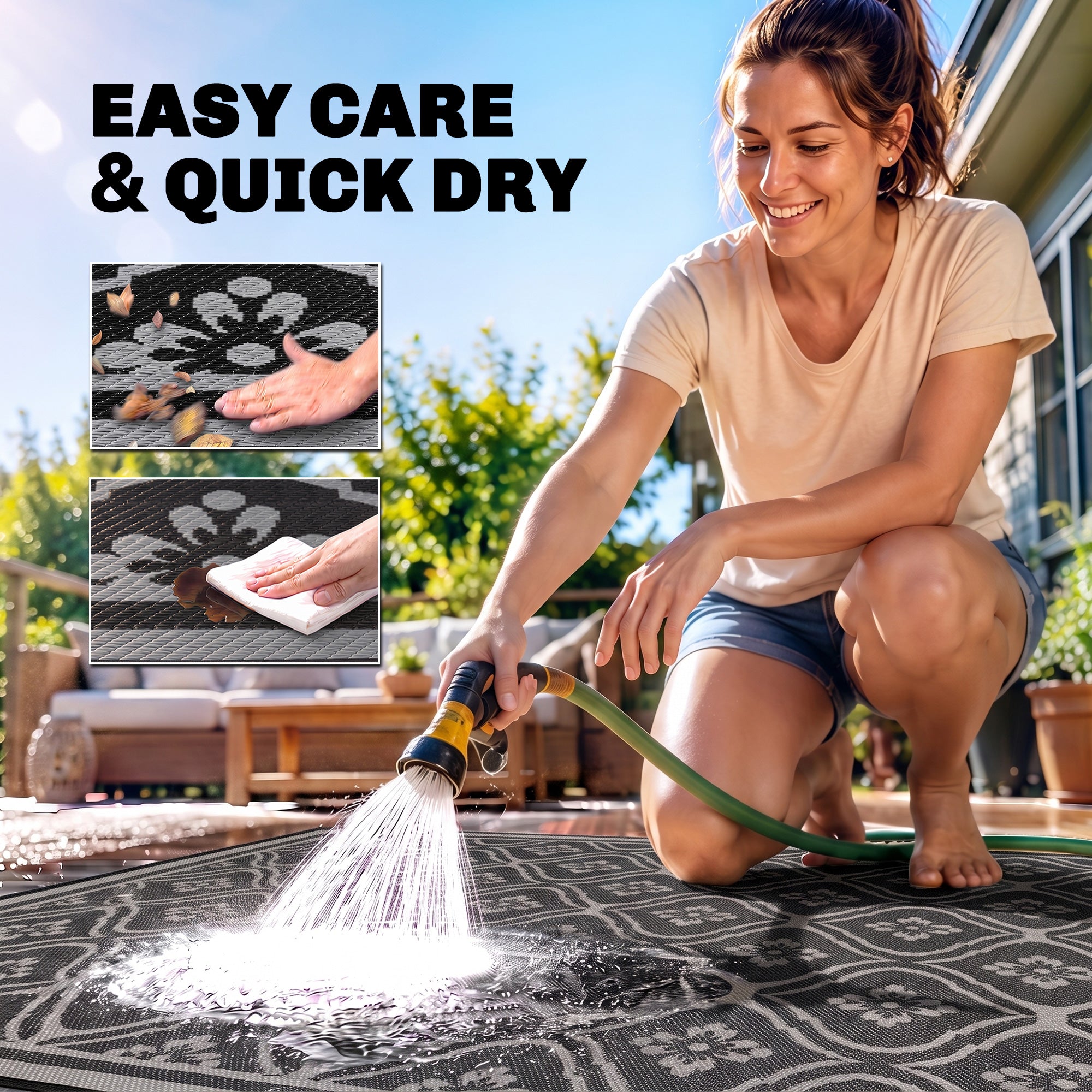 Reversible Outdoor Rug, Waterproof Plastic Straw with Carry Bag, 9' x 18', Black & Gray Gourd Border