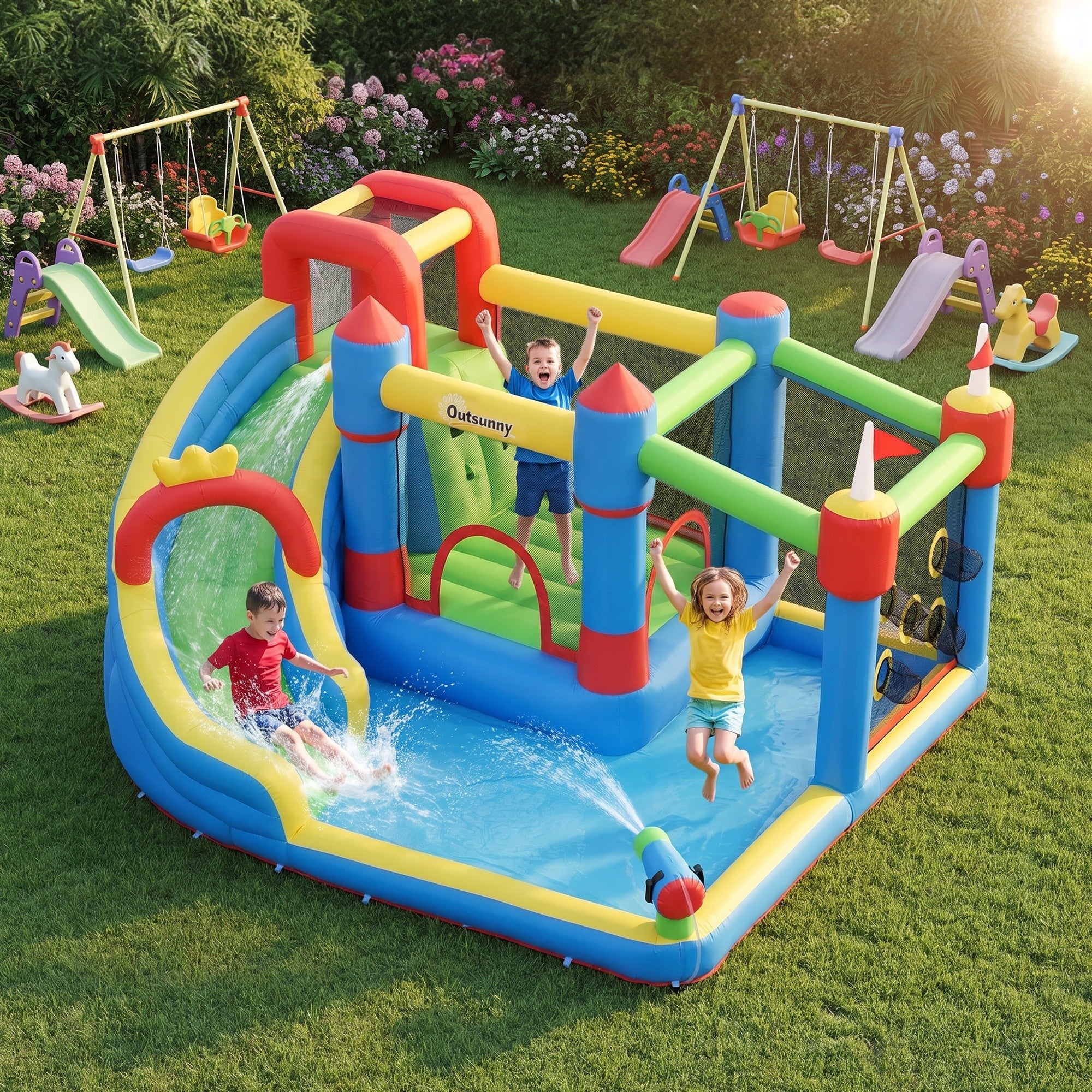 6-in-1 Inflatable Water Slide with Splash Pool, Slide, Climbing Wall, Water Cannon, Inflatable Bounce House for Kids with 2 Min. Inflation and Air Blower