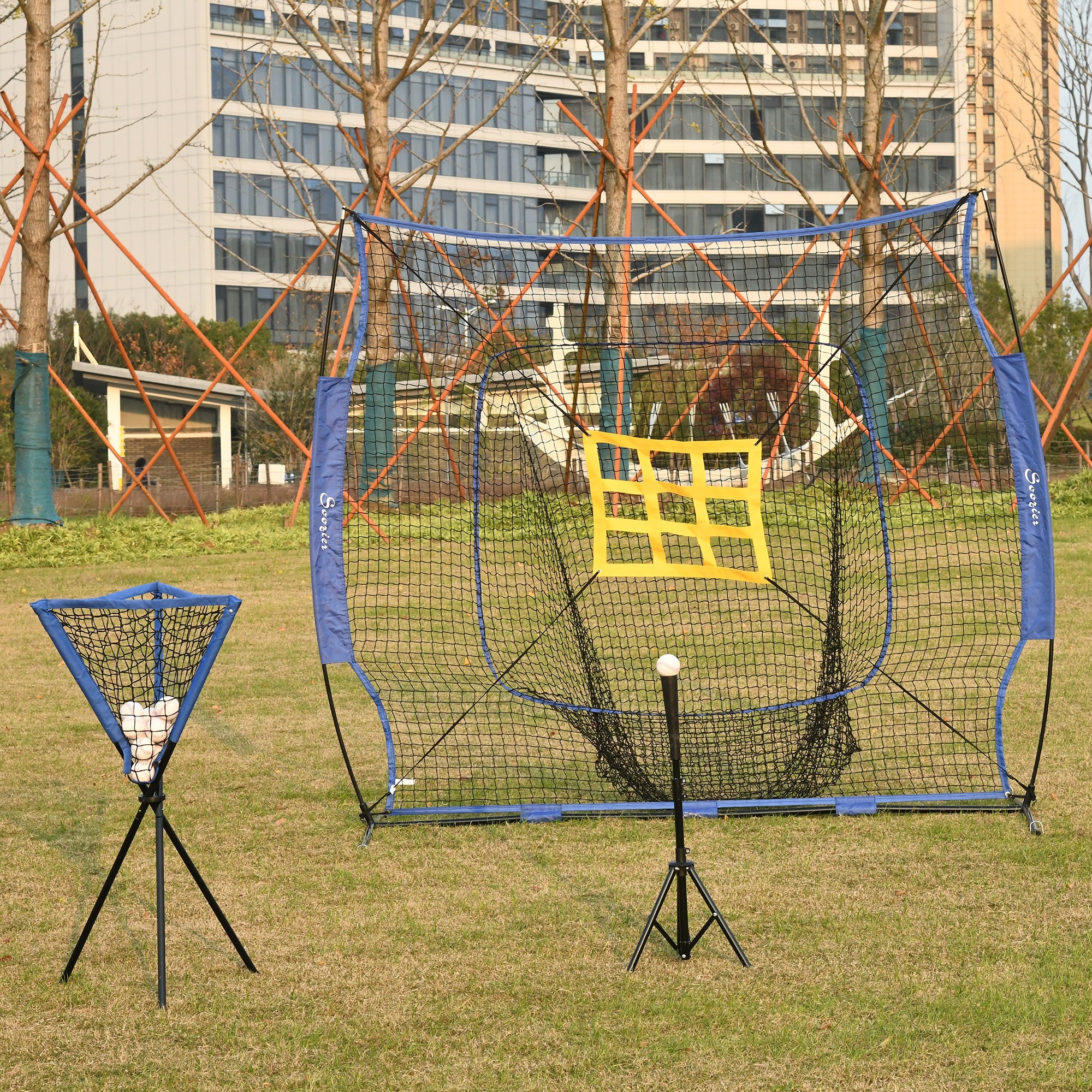 Baseball Practice Net Set with 7.5x7ft Catcher Net, Ball Caddy and Batting Tee, Portable Pitching Net with Carry Bag for Hitting, Pitching, Batting, Catching, Blue
