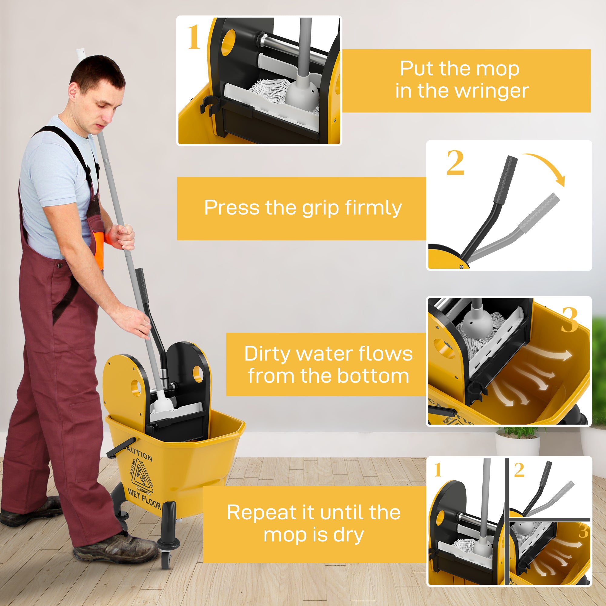 Mop Bucket with Wringer on Wheels for Floor Cleaning, 27.5 Quart Down Press Wringer with Handle and Mop, Yellow