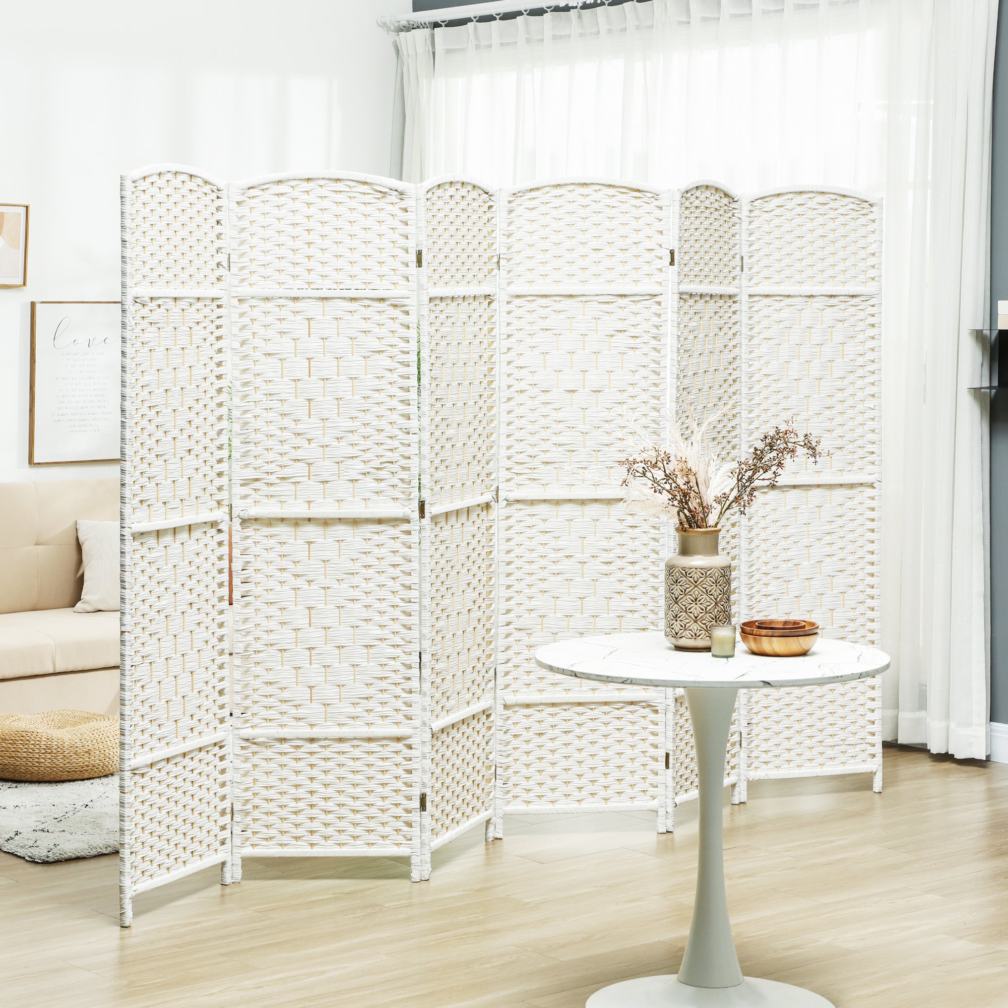 Folding Room Divider Screen 6 Panel 6' Tall Privacy Screen Freestanding Wood Partition for Home Office, White