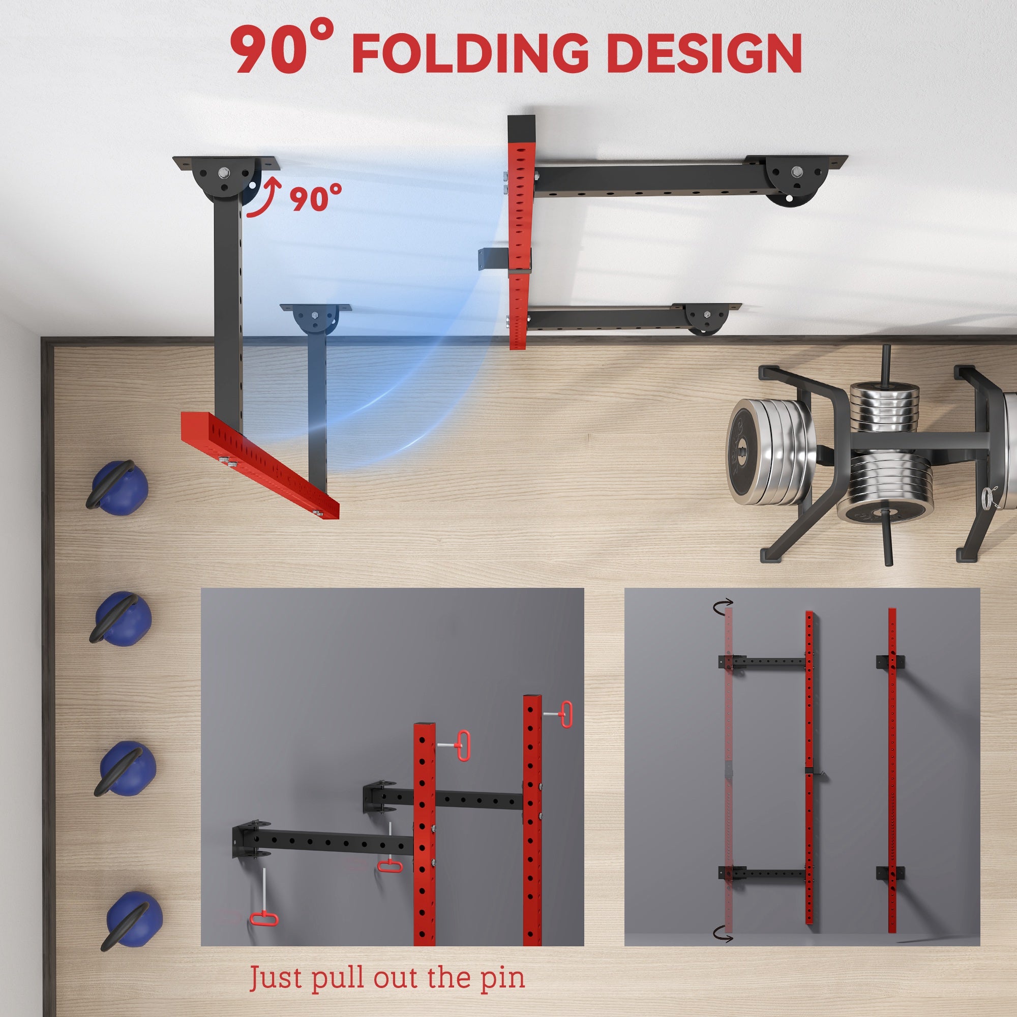 Folding Squat Rack with Pull Up Bar, Wall Mounted and Adjustable, 1000 Pounds Capacity Power Rack, Red