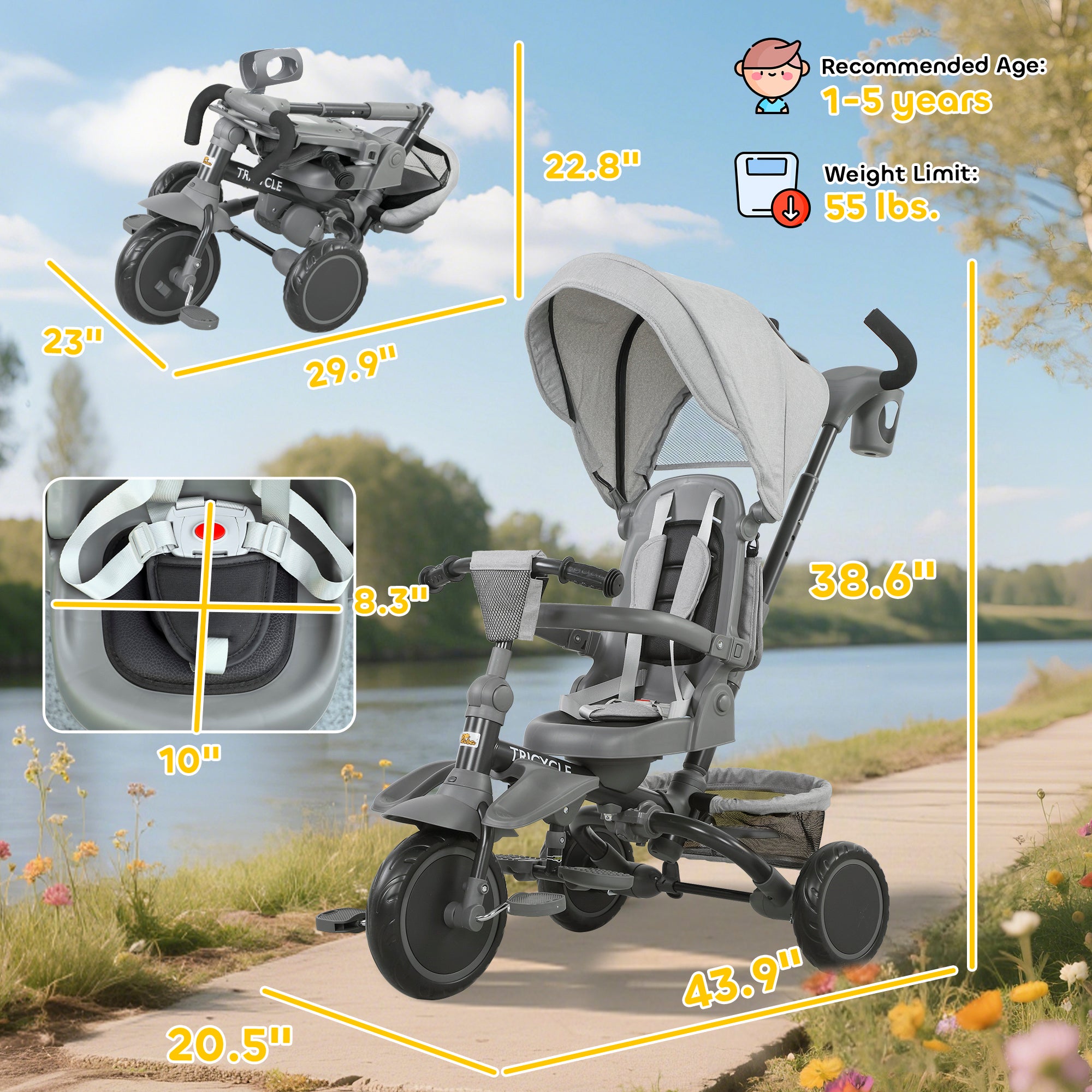6 in 1 Kids Tricycle with Adjustable Push Handle, Removable Canopy, Reversible Seat, for 1-5 Years, Gray