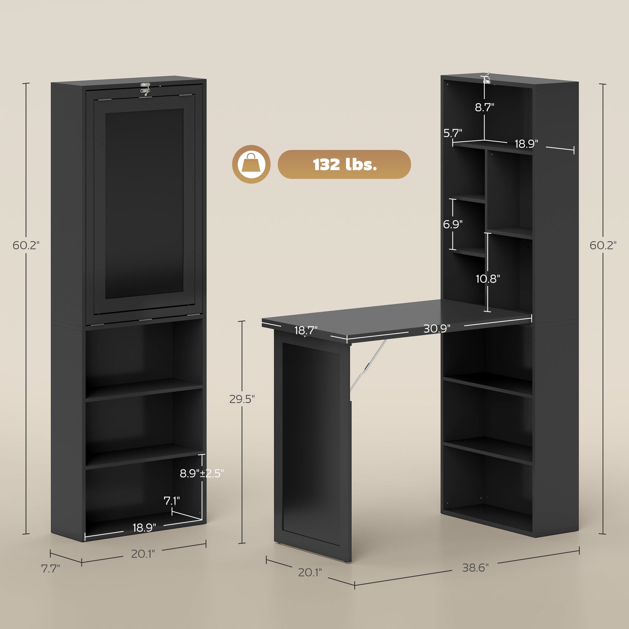 Fold-out Convertible Home Office Desk, Wall Mount Computer Desk with Blackboard and Side Shelf, Black