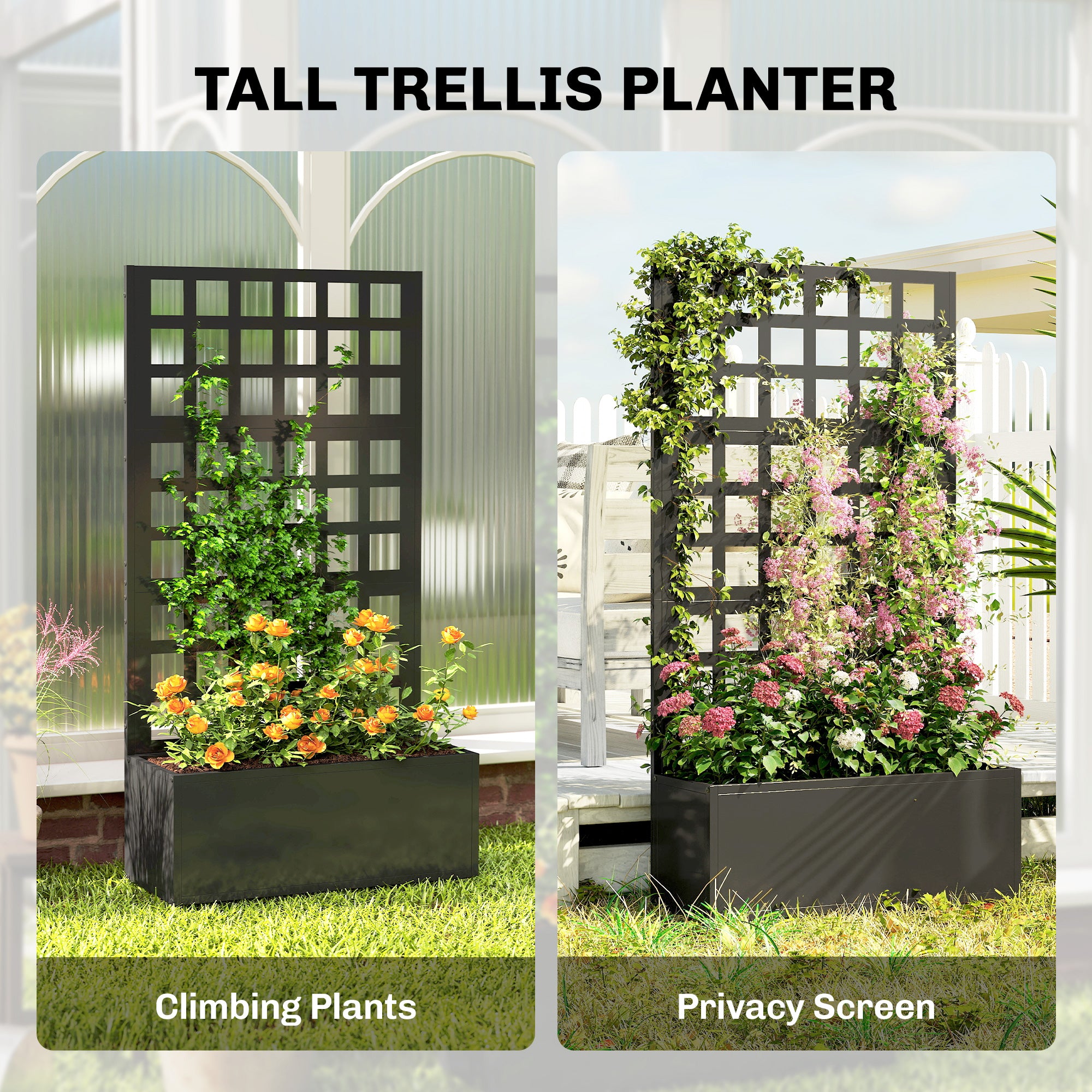Galvanized Raised Garden Bed Planter Box with Trellis for Climbing Plants, Vegetable, Vines, 24" x 9" x 44.5", Black