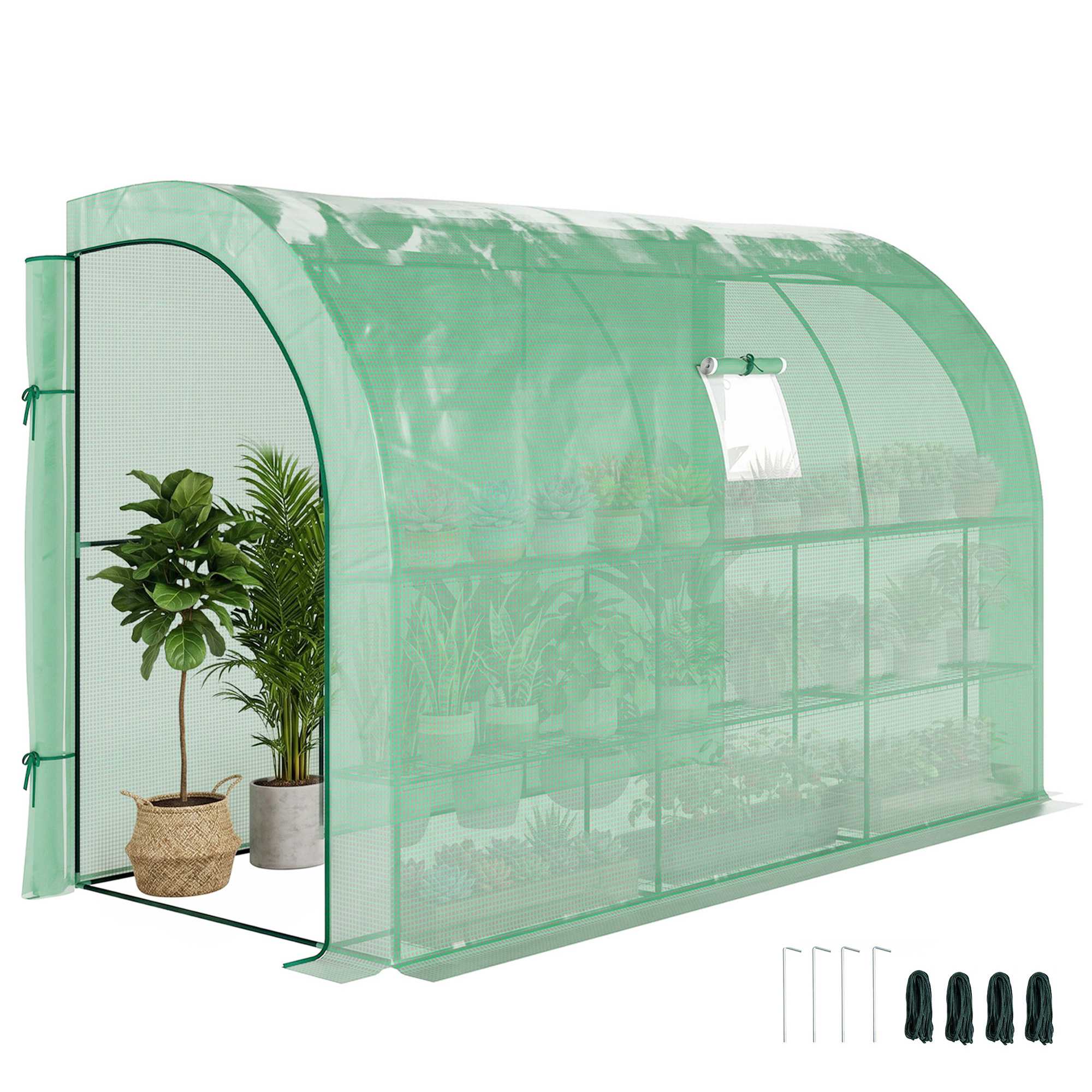 10' x 5' x 7' Lean to Greenhouse, Walk-In Green House, Plant Nursery with 2 Roll-up Doors and Windows, PE Cover and 3 Wire Shelves, Green