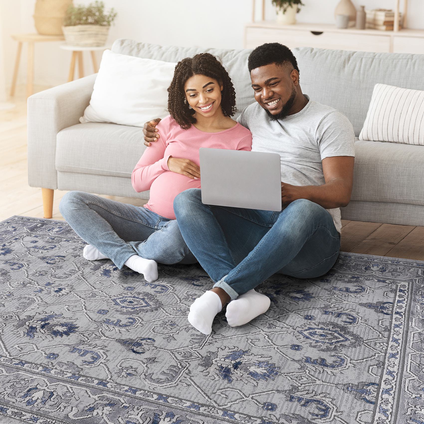 Naar 8x10 Stain-Resistant Area Rug with Cotton Backing, Medium Pile Height, Kid and Pet-Friendly Carpet, 120" L x 93" W x 0.35" H, Gray+Blue