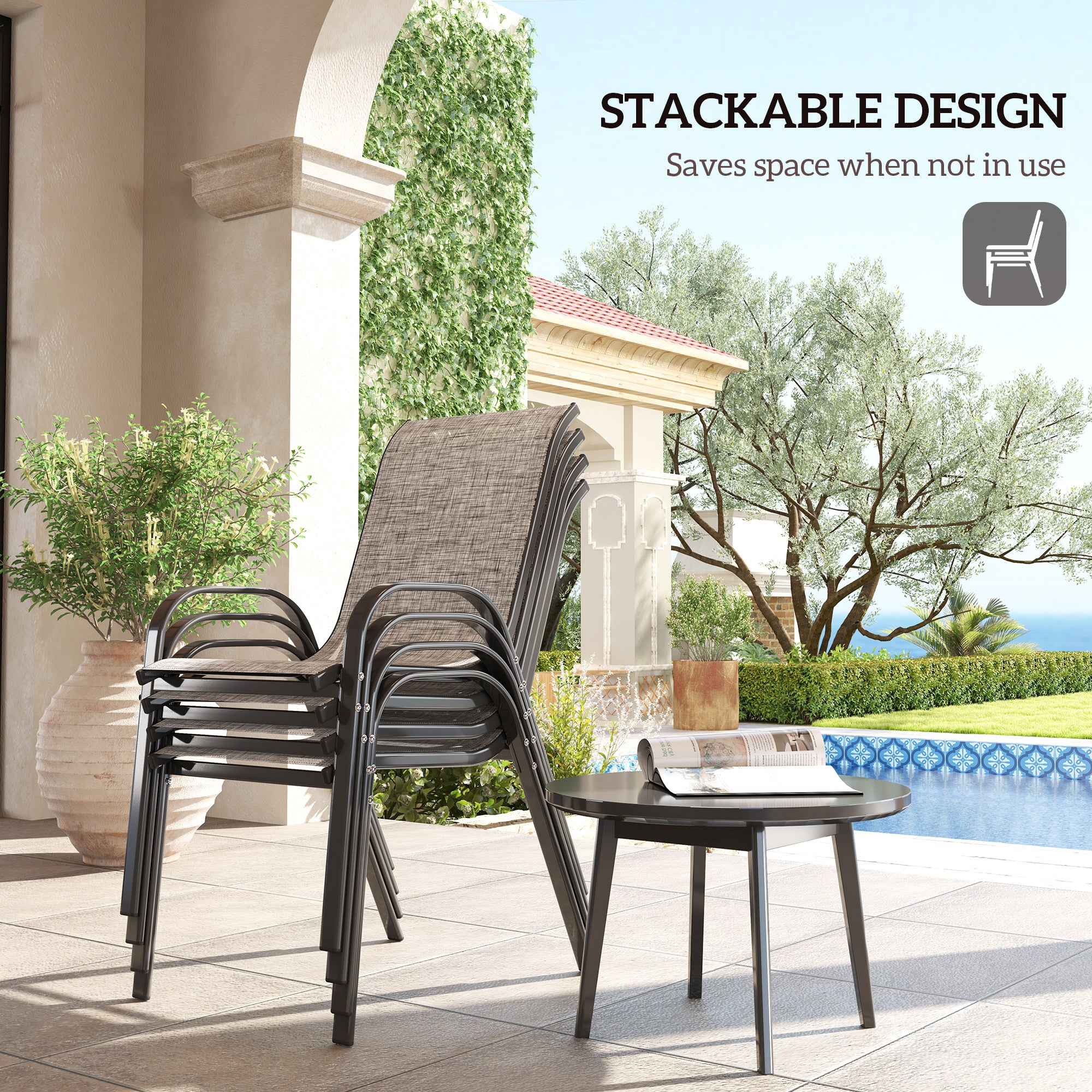 Set of 4 Outdoor Dining Chairs, Stackable Patio Chairs with High Back, Breathable Mesh Seat for Garden Lawn, Mixed Gray