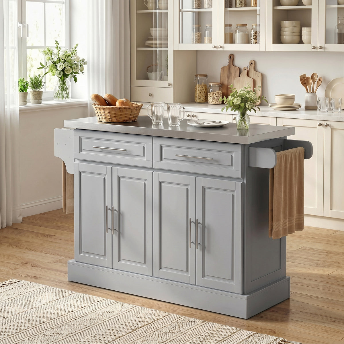 Rolling Kitchen Island Cart with 47" Stainless Steel Top, Portable Island Table for Kitchen with Wheels, Adjustable Shelves, 2 Drawers, Spice, Knife and Towel Rack, Gray