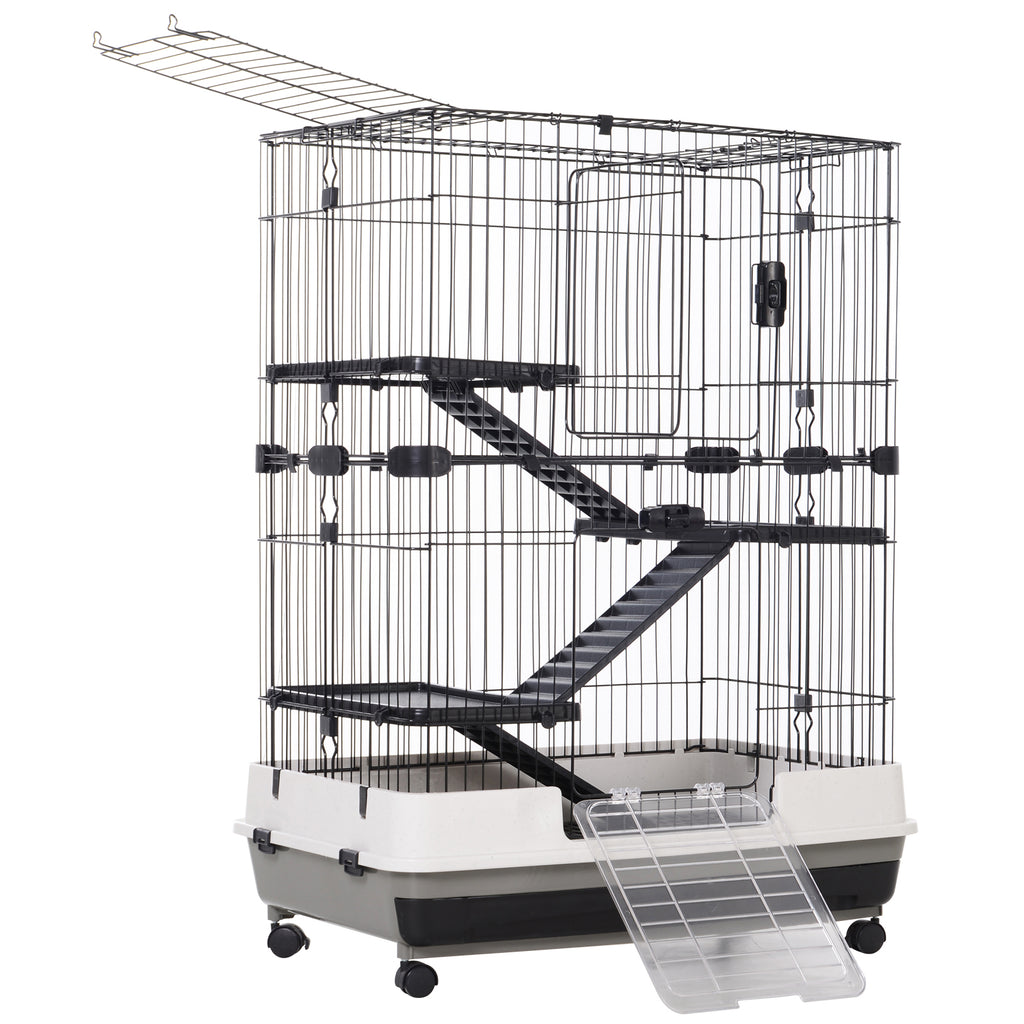32"L 4-Level Small Animal Cage Rabbit Hutch with Universal Lockable Wheels, Slide-out Tray for Bunny, Chinchillas, Ferret, Black