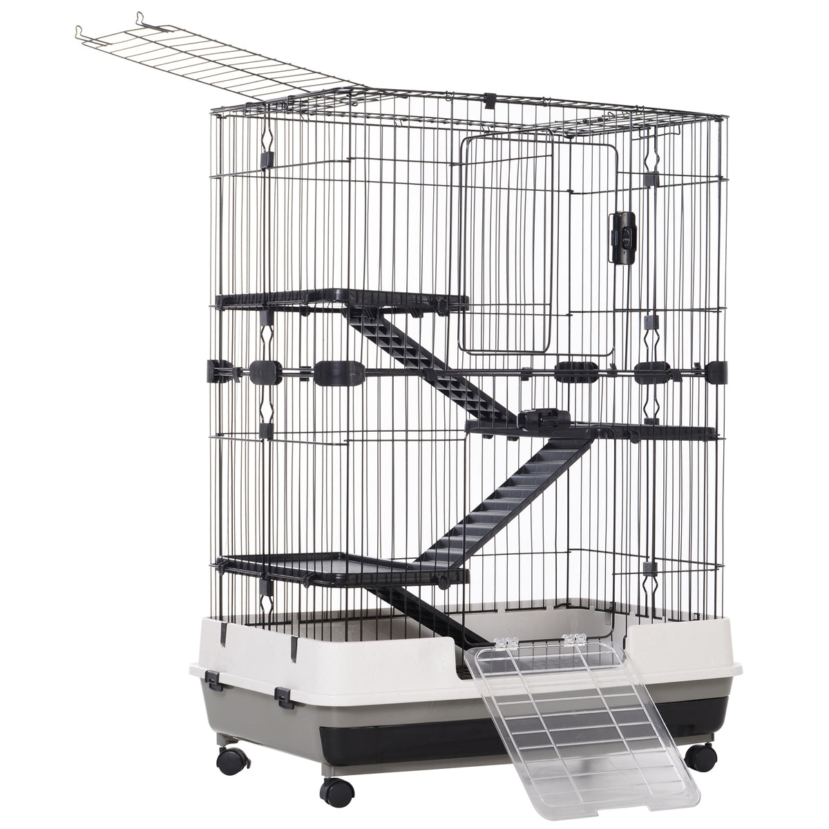 32"L 4-Level Small Animal Cage Rabbit Hutch with Universal Lockable Wheels, Slide-out Tray for Bunny, Chinchillas, Ferret, Black