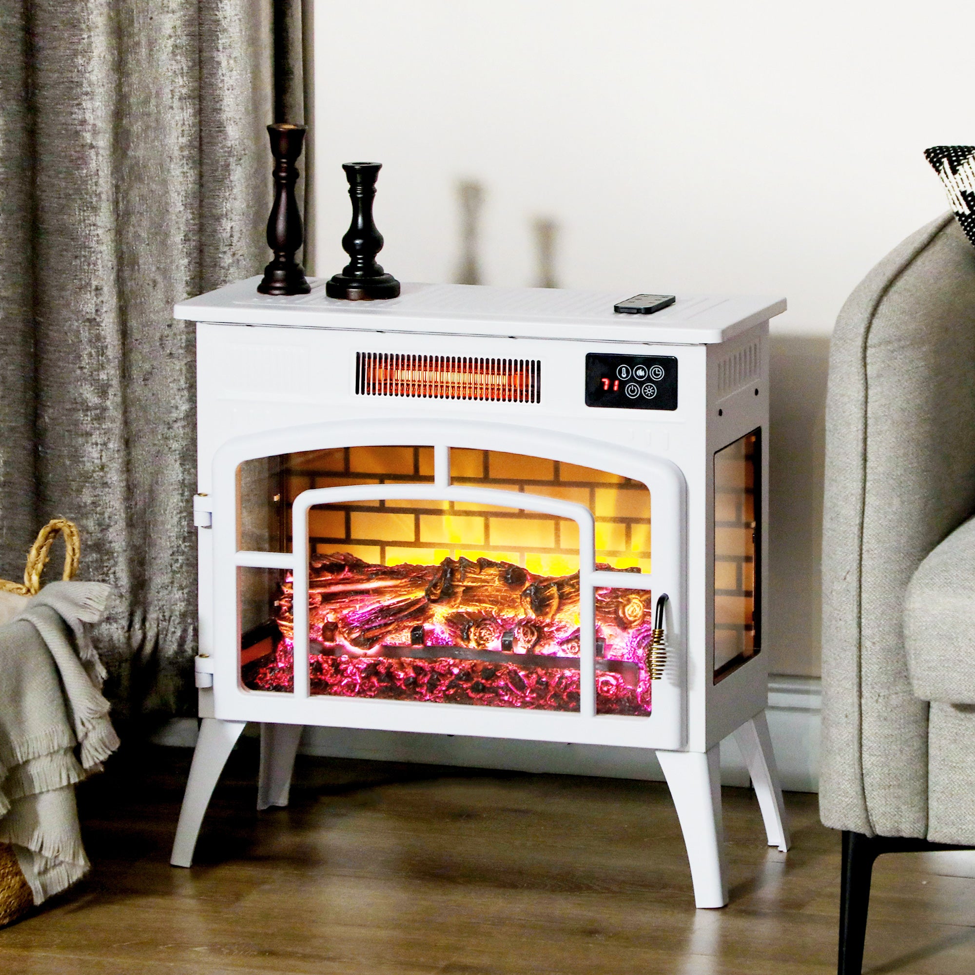 Electric Fireplace Stove, Infrared Fireplace Heater with Realistic Flame & Adjustable Temperature, 1500W, White