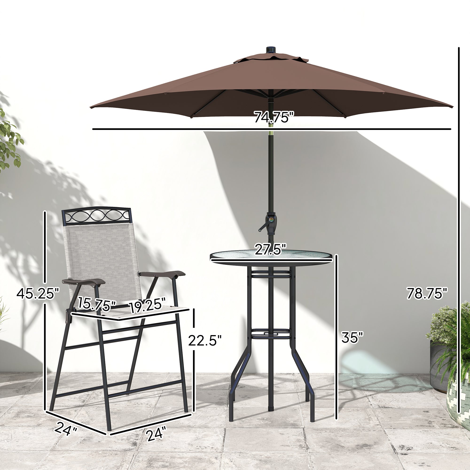 4 Piece Outdoor Bar Set with Umbrella, Patio Dining Set with 2 Folding Chairs, Wave Textured Tempered Glass Table for Backyard, Garden, Deck, Poolside, Beige