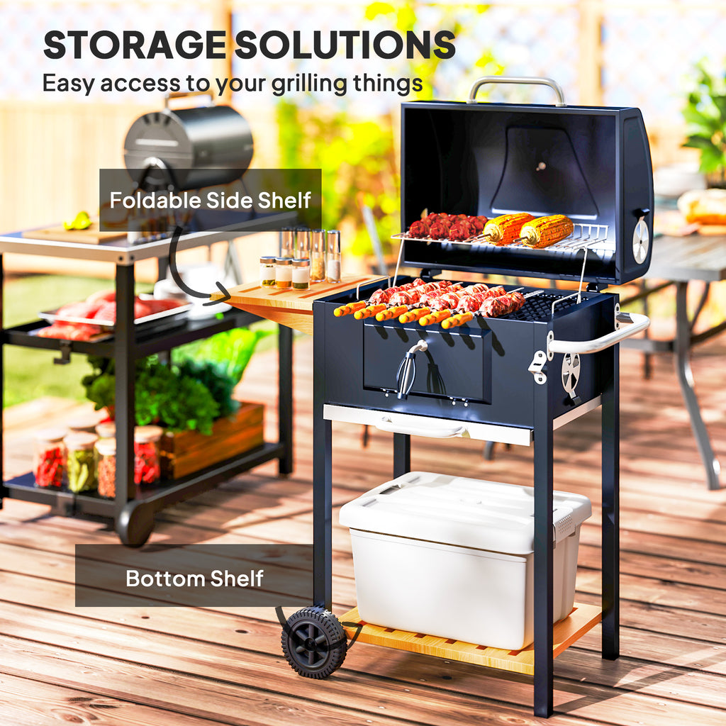 Charcoal BBQ Grill, Outdoor Portable Cooker for Camping or Backyard Picnic, Barbecue Grill with Side Table, Bottom Storage Shelf, Wheels and Handle, Black