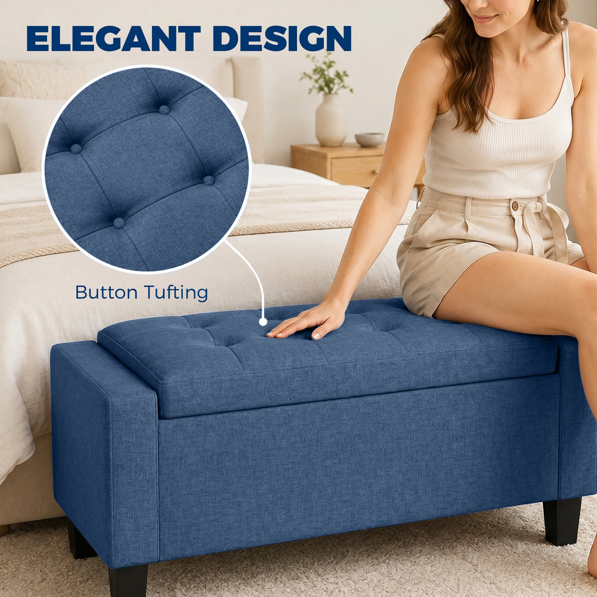 Storage Ottoman, Storage Bench with Wooden Legs, Tufted Armrests for Entryway, Living Room, Bedroom, 36.6", Blue