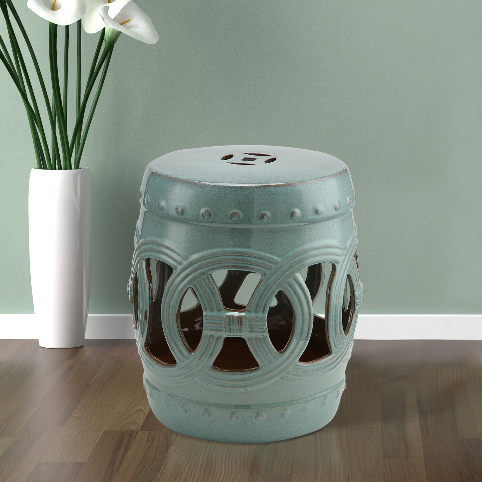 14" x 17" Ceramic Garden Stool with Double-Coin Knotted Ring Design & Strong Glazed Material, Decorative End Table, Home Collection, Antique Blue