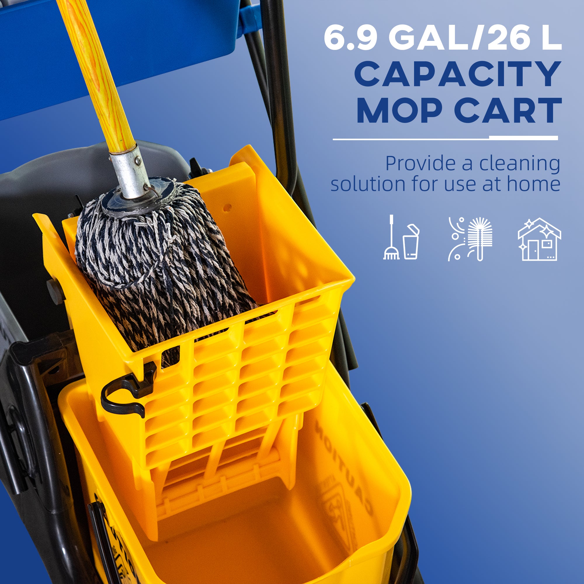 2 x 6.9 Gallon Mop Water Bucket Wringer Cart with Easy to Use Side Press Wringer, Smooth Wheels, Mop-Handle Holder