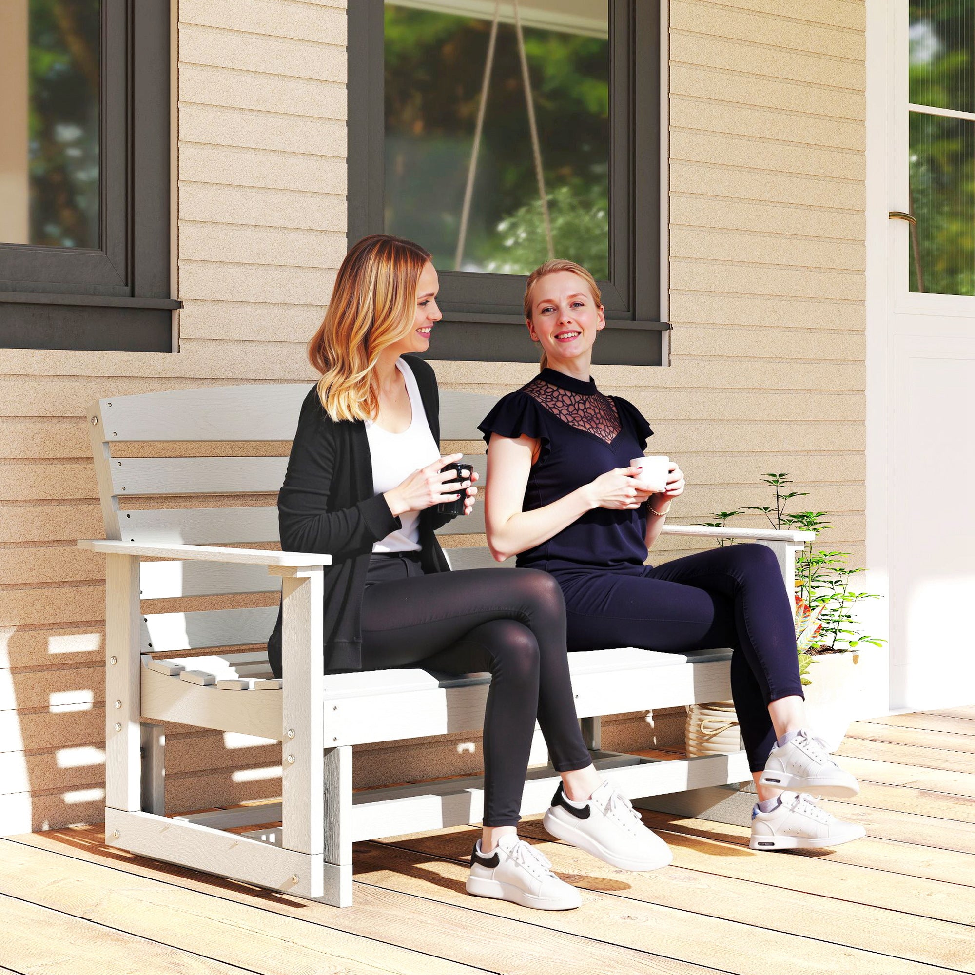 Patio Glider Bench w/ HDPE Slatted Double Rocking Chair, Distressed White