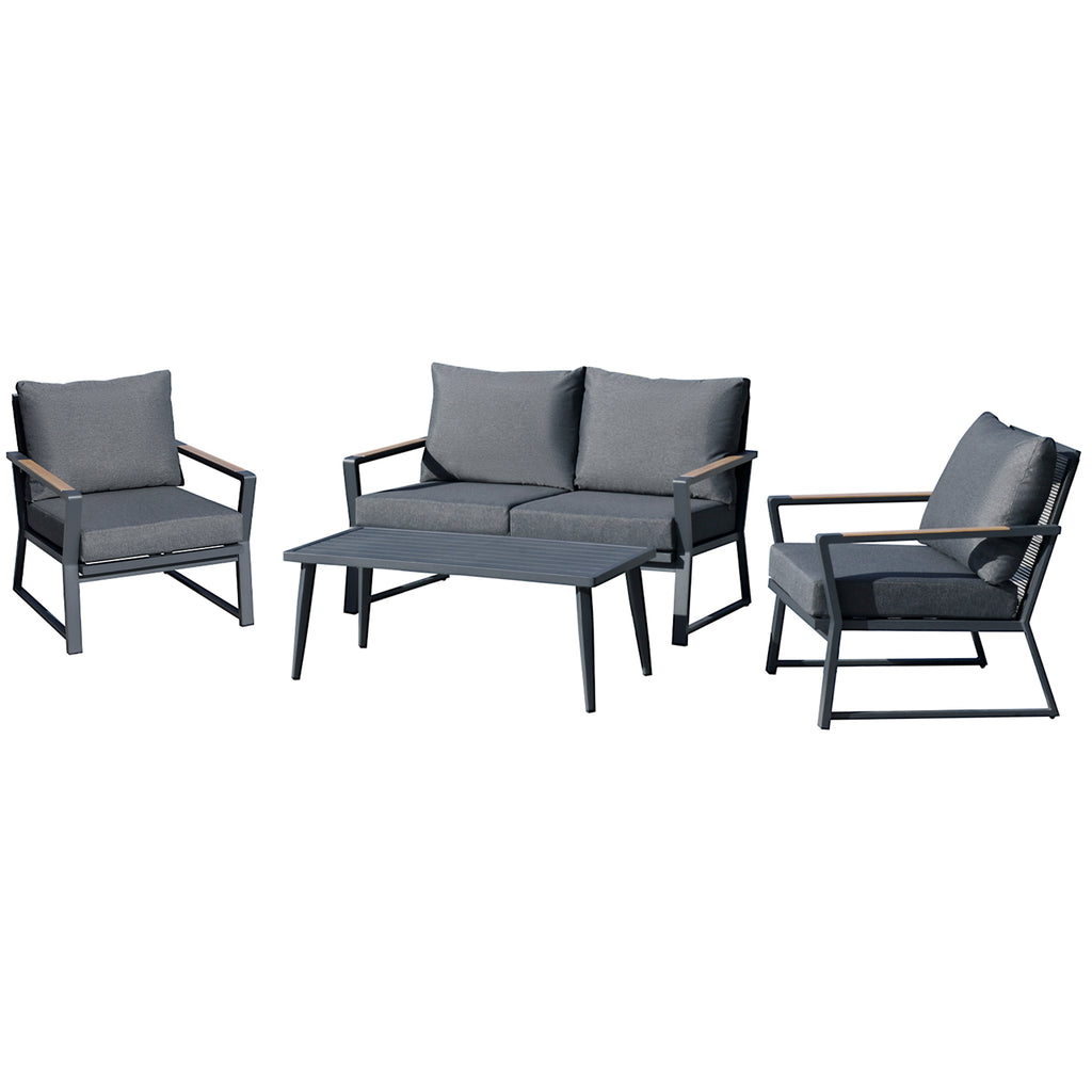 4 Piece Patio Furniture Set, Aluminum Conversation Set, Outdoor Garden Sofa Set with Armchairs, Loveseat, Center Coffee Table and Cushions, Dark Grey