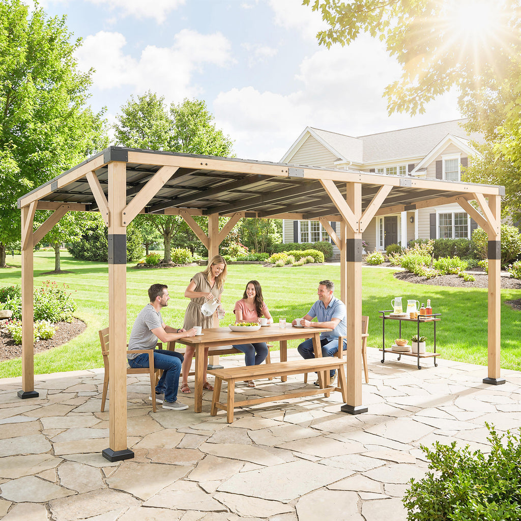 10' x 20' Wooden Gazebo, Hardtop Lean-to Gazebo Pergola with Galvanized Steel Sloped Roof, Light Walnut