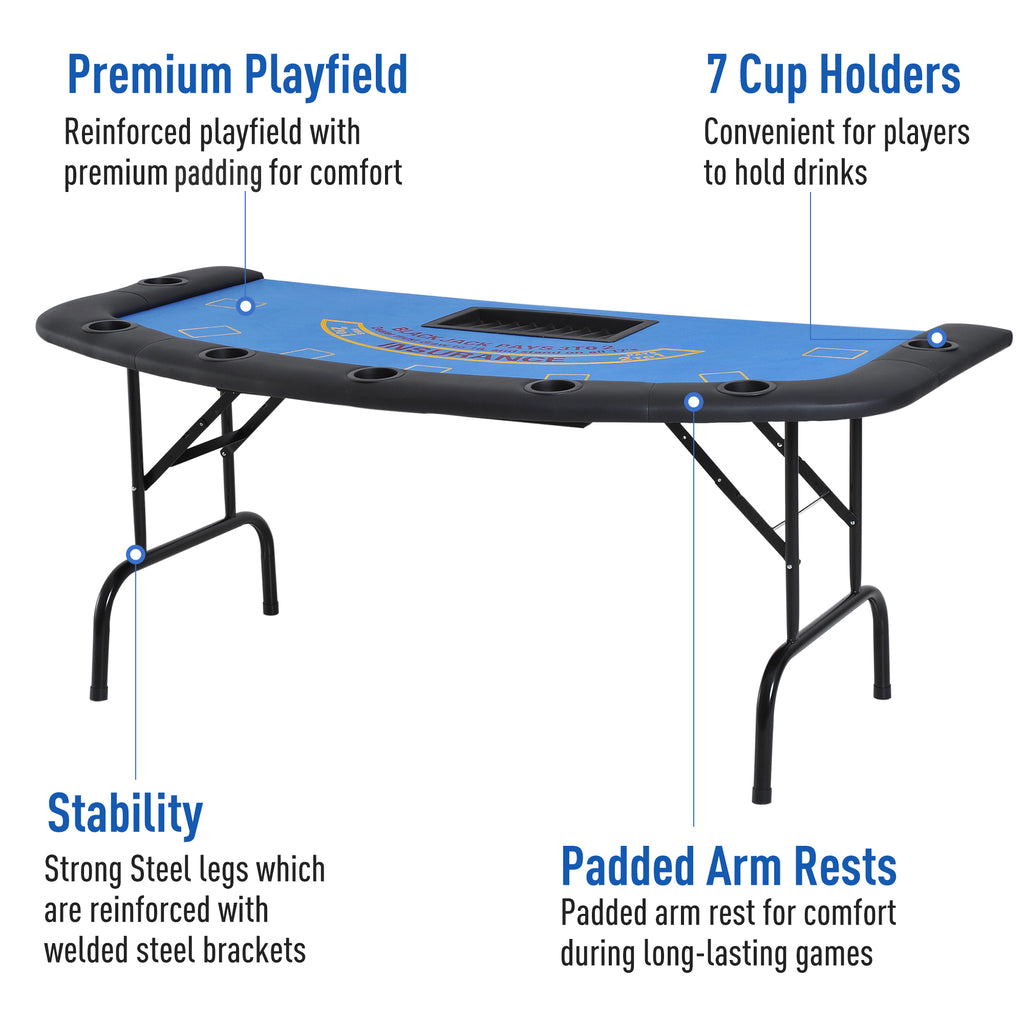 Poker Table Foldable, 72" Blackjack Table for 7 Players with Chip & Cup Holder, Blue Felt