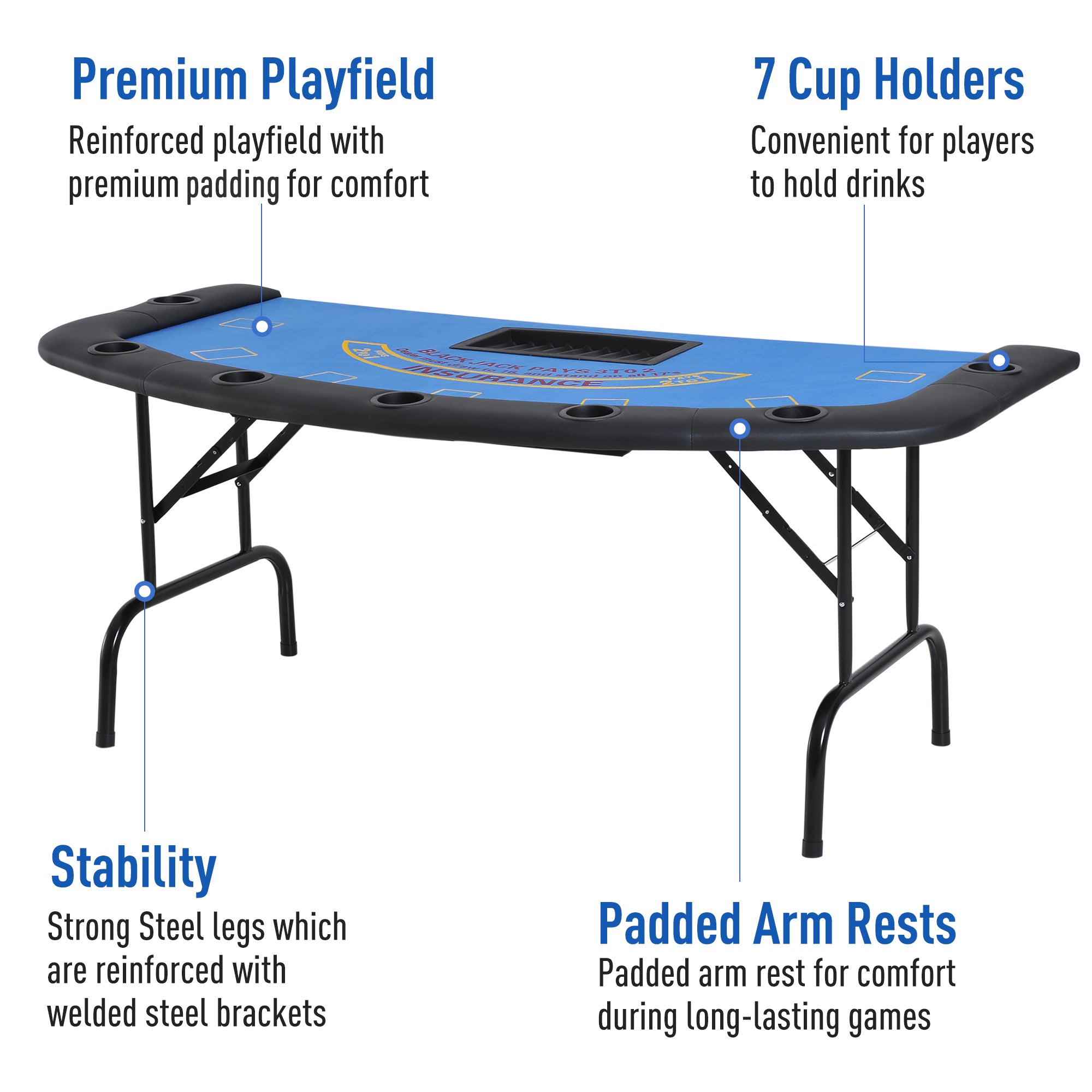 Poker Table Foldable, 72" Blackjack Table for 7 Players with Chip & Cup Holder, Blue Felt