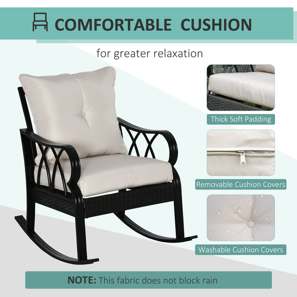 Outdoor Wicker Rocking Chair with Padded Cushions, Aluminum Furniture Rattan Porch Rocker Chair w/ Armrest for Garden, Patio, and Backyard, Khaki