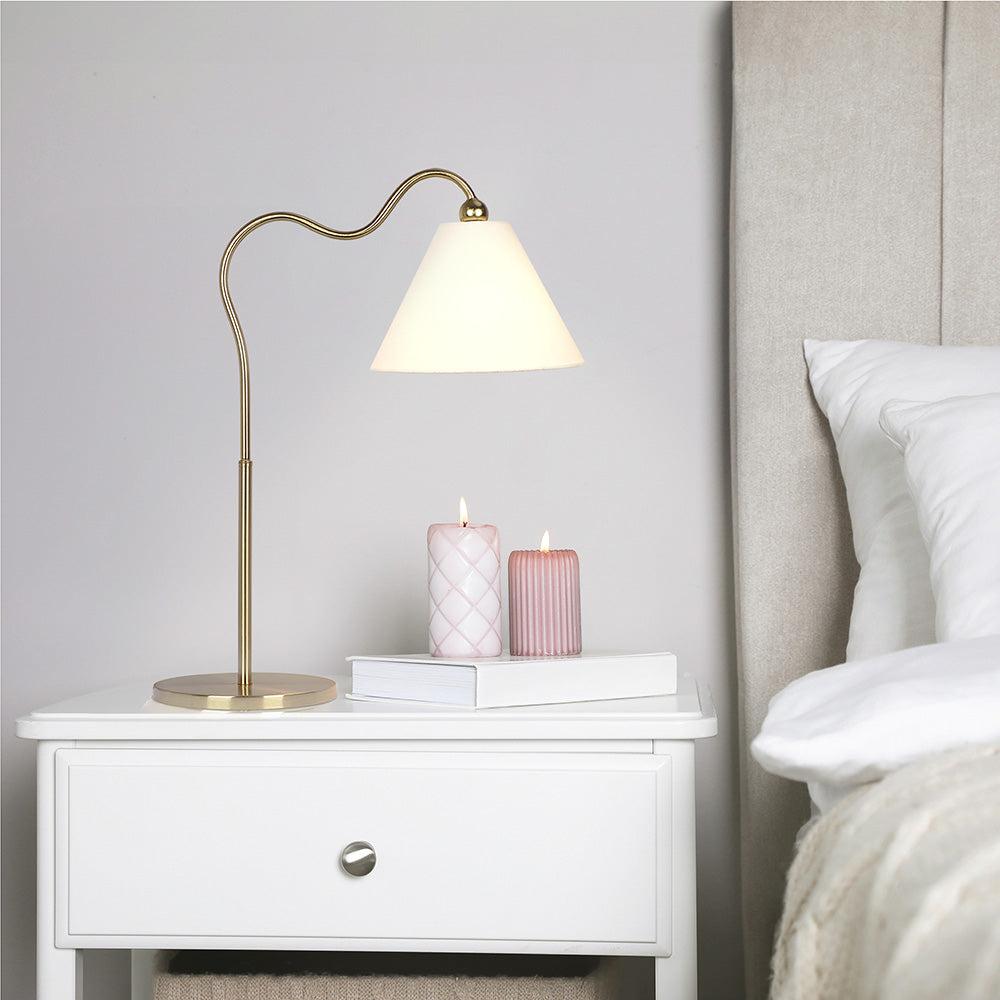 Ornate Brass Ring Base Curved Table Lamp with Triangle White Drum Shade, Modern Design, 18" L x 9.5" W x 22" H, Gold+White