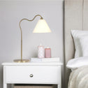 Ornate Brass Ring Base Curved Table Lamp with Triangle White Drum Shade, Modern Design, 18" L x 9.5" W x 22" H, Gold+White