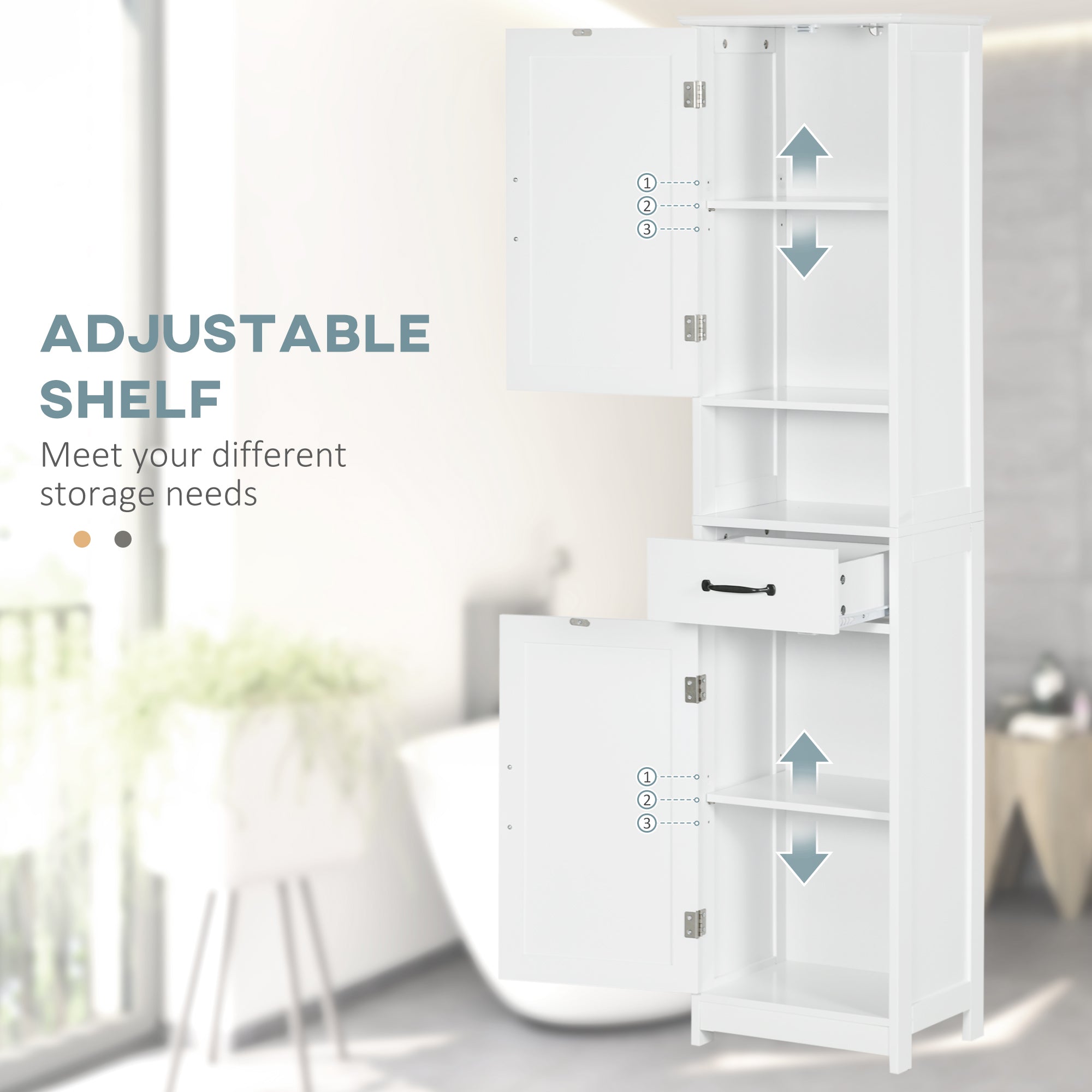 Modern Bathroom Cabinet, Narrow Storage Cabinet with Open Shelf, Drawer, Recessed Doors and Adjustable Shelves, White