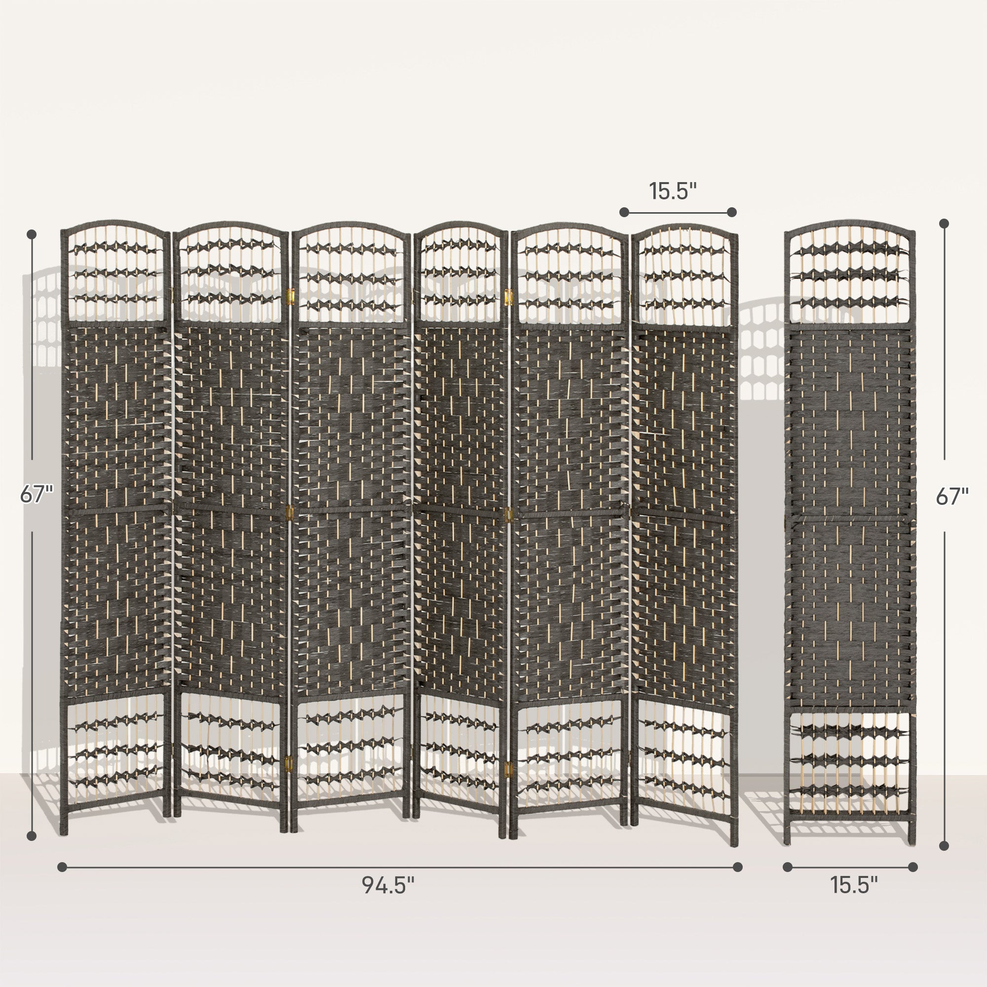 6 Panel Folding Room Divider Portable Privacy Screen Wave Fiber Room Partition for Home Office Dark Gray