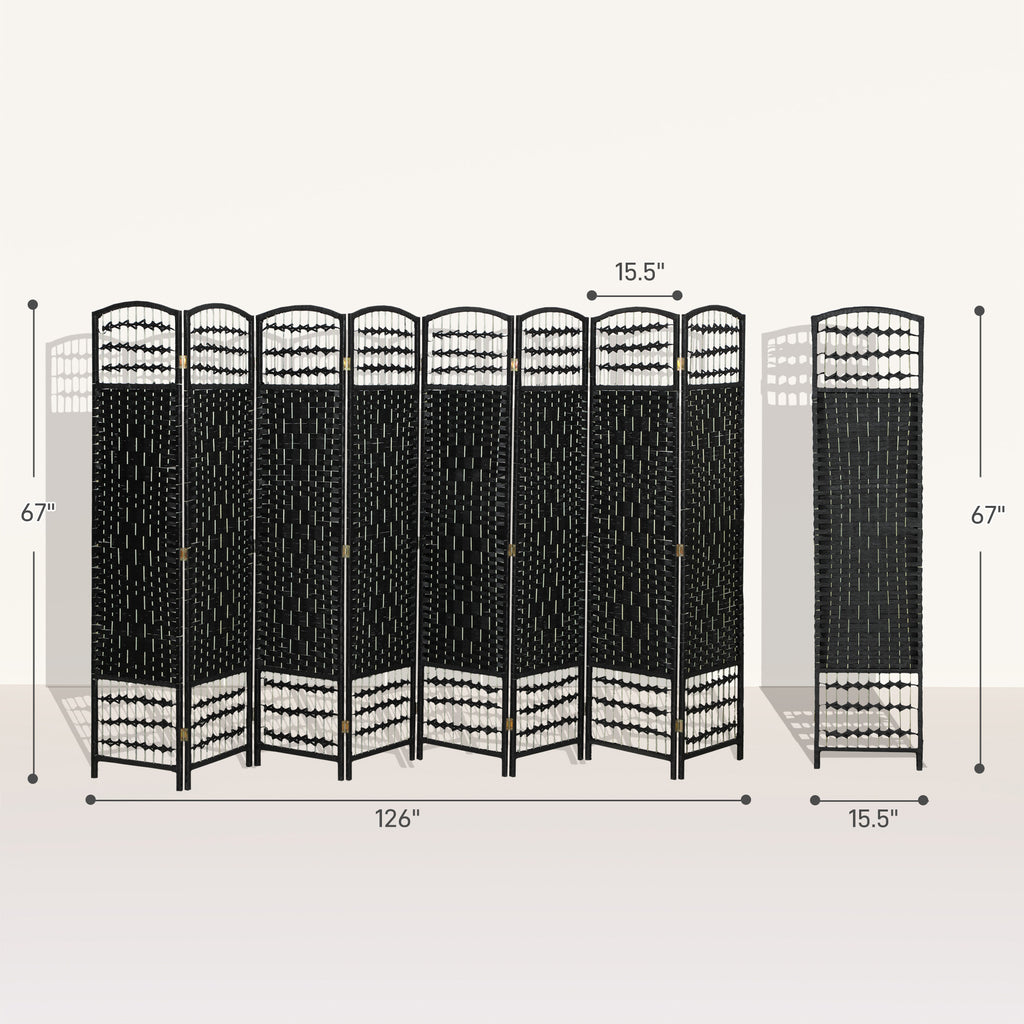 8 Panel Folding Room Divider Portable Privacy Screen Wave Fiber Room Partition for Home Office Black