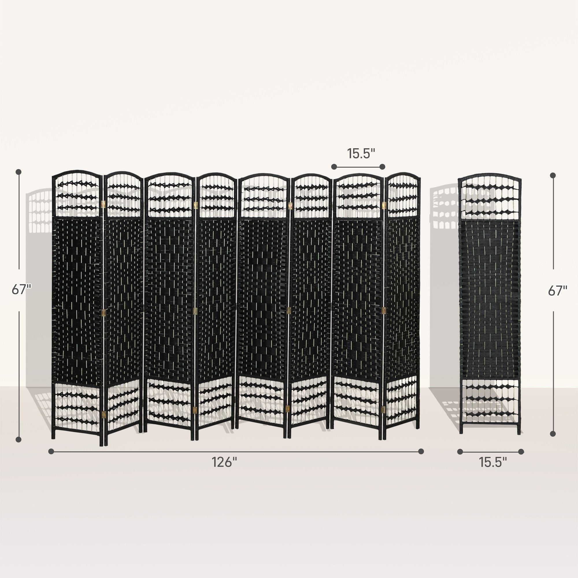 8 Panel Folding Room Divider Portable Privacy Screen Wave Fiber Room Partition for Home Office Black
