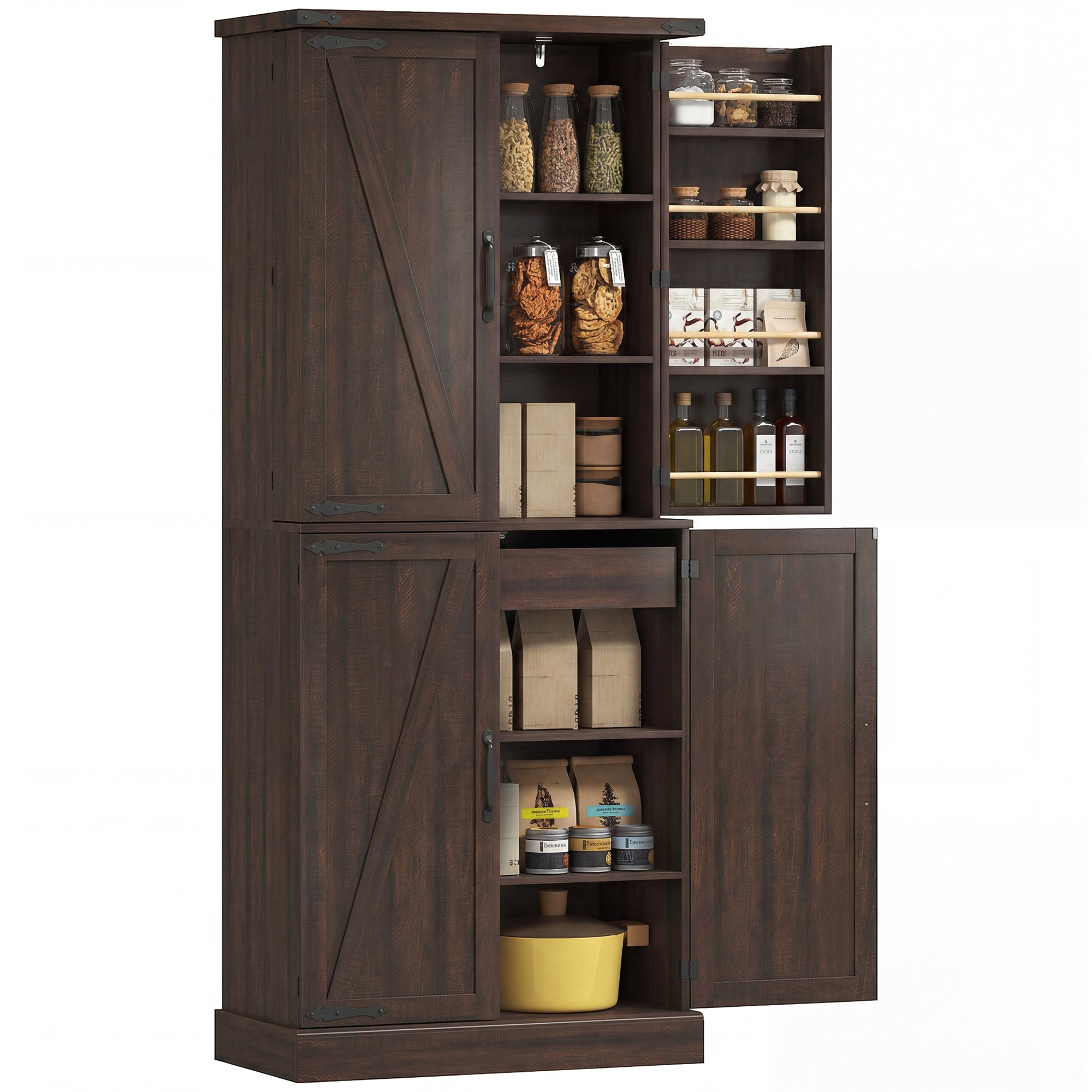 72" Tall Kitchen Pantry Cabinet, Farmhouse Storage Cabinet with 8 Door Racks and Adjustable Shelves, Brown