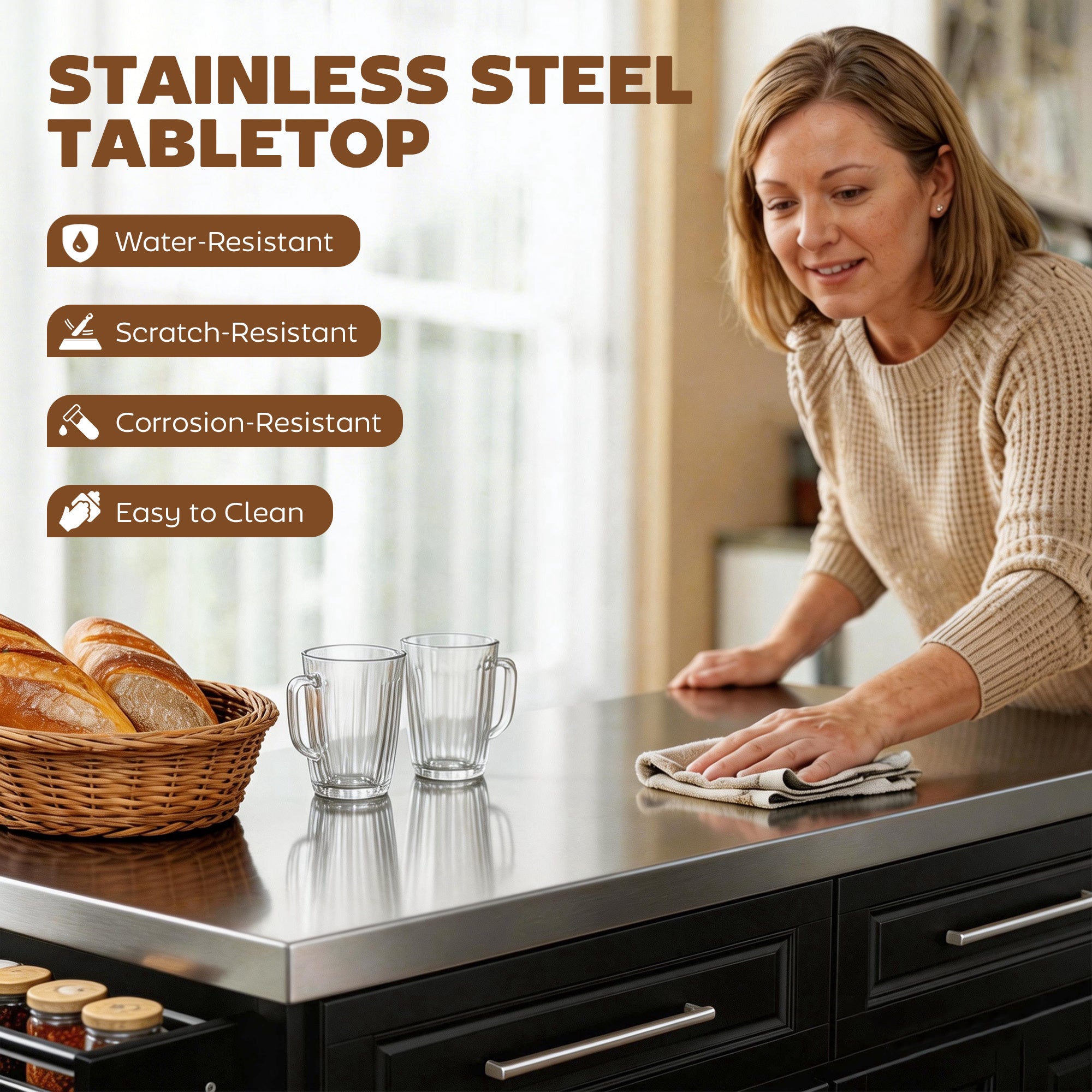 Rolling Kitchen Island Cart with 47" Stainless Steel Top, Portable Island Table for Kitchen with Wheels, Adjustable Shelves, 2 Drawers, Spice, Knife and Towel Rack, Black