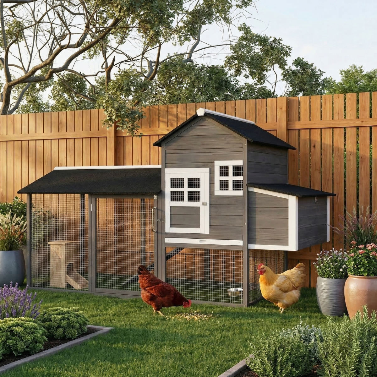 84" Wooden Chicken Coop, Hen House Outdoor with Run Nesting Box, Asphalt Roof, Removable Tray, Ramp, Poultry Cage for 2-3 Chickens, Gray