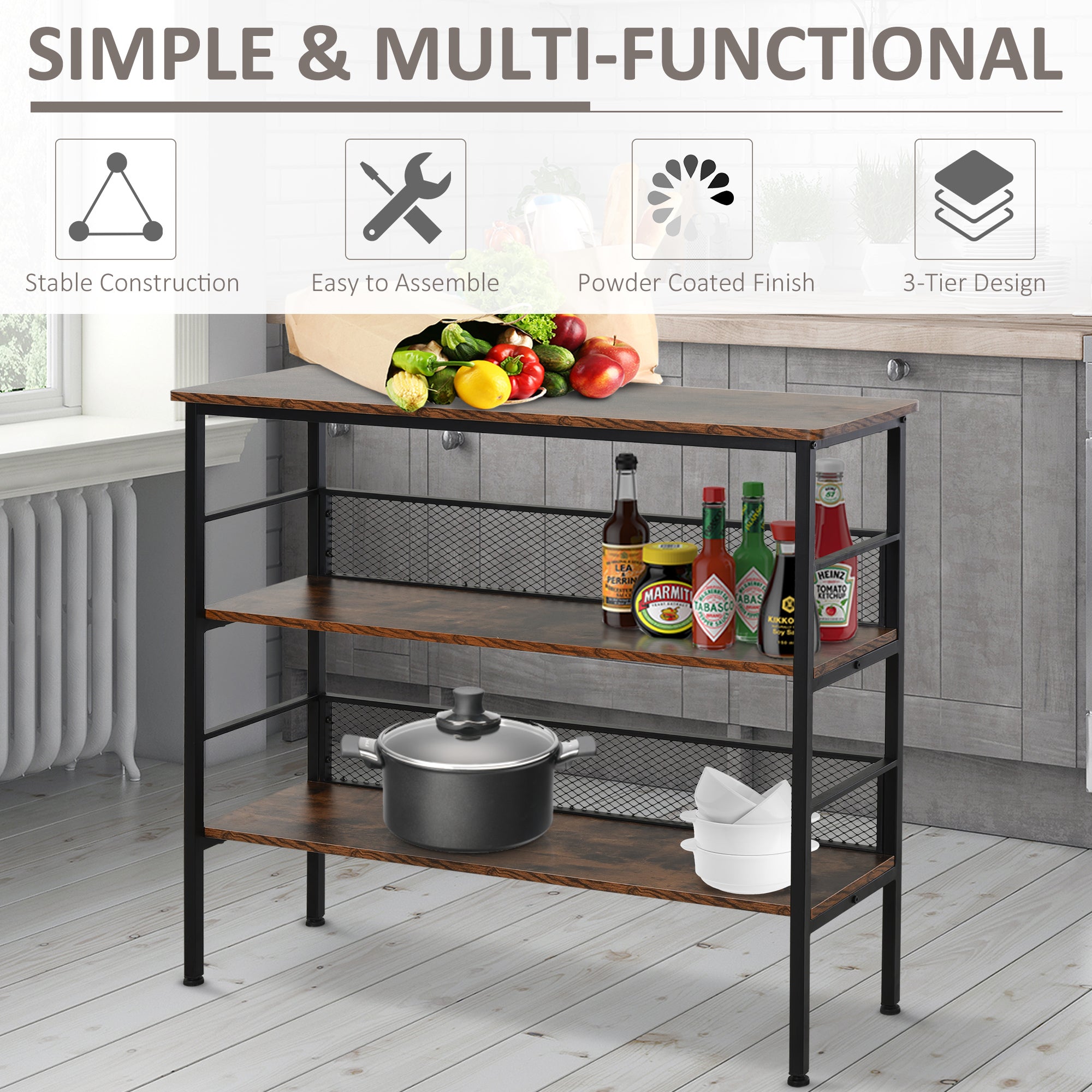 3-Tier Console Table Industrial Style Storage Metal Wooden Shelf with a Robust Multi-Functional Design & Adjustable Feet, Black
