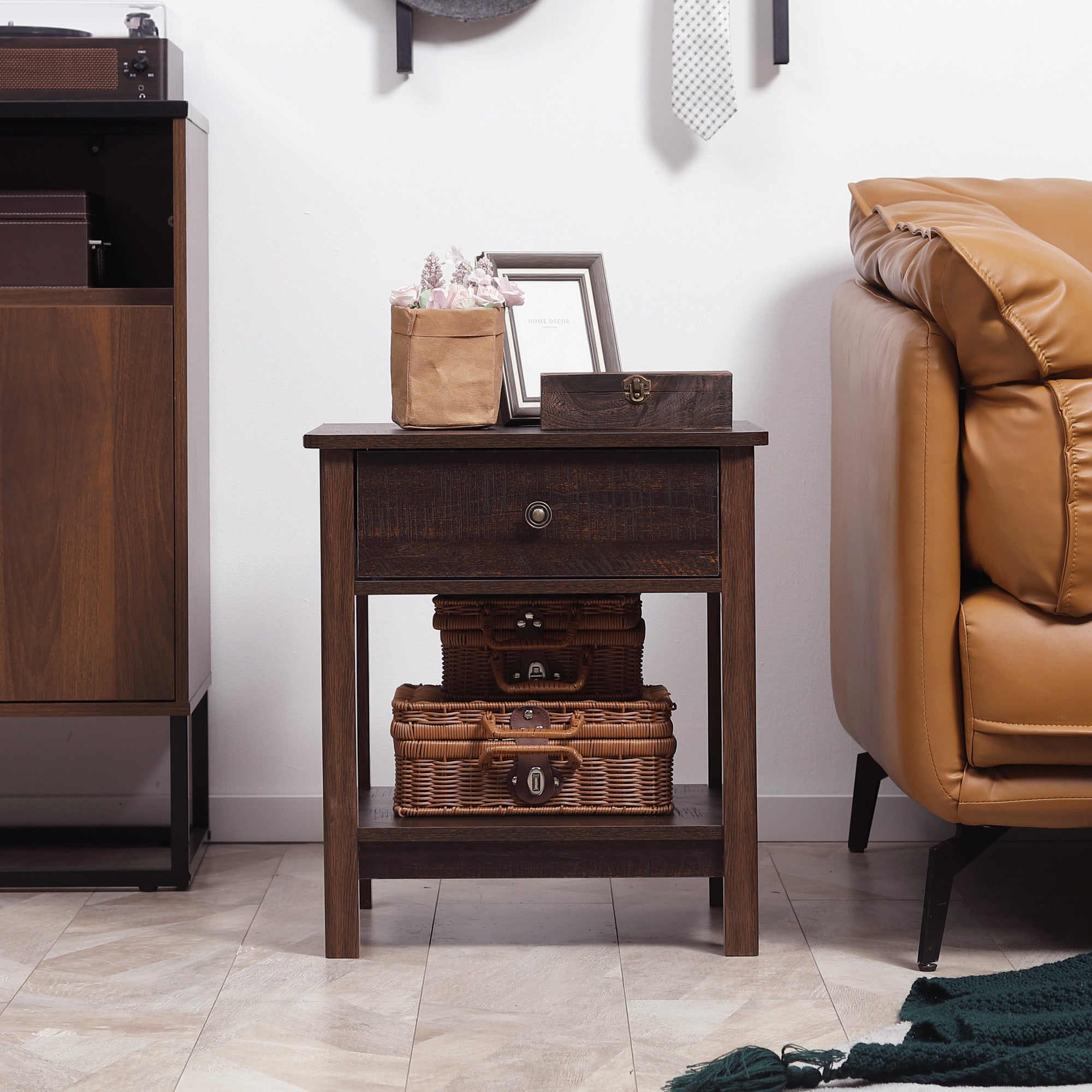 End Table with Drawer, Side Table with Top and Bottom Shelf for Small Spaces, Set of 2, Dark Brown