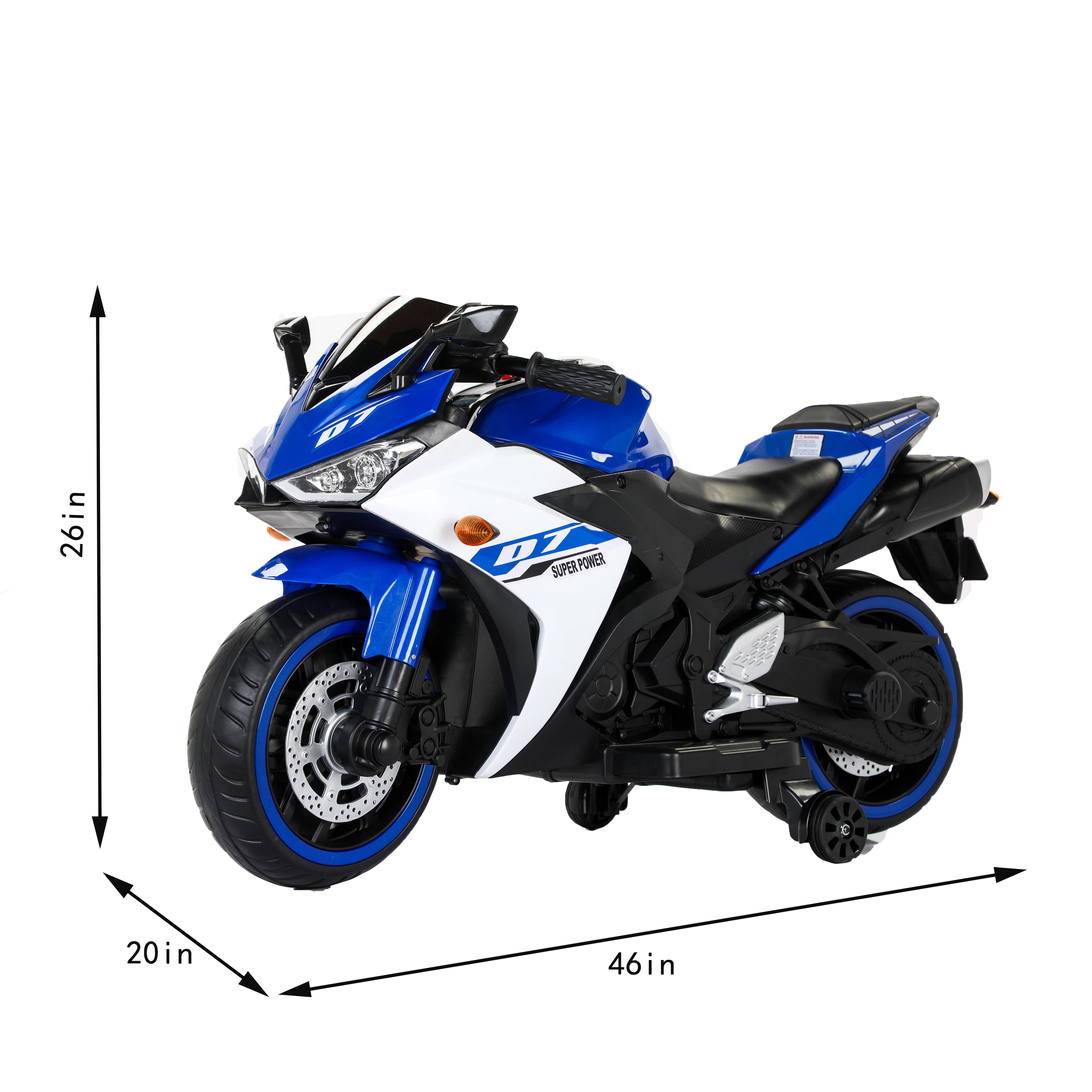 12V Kids Electric Ride-On Motorcycle with Training Wheels and Headlight, Motorbike with MP3 and Light-Up Wheels, 46" L x 20" W x 26" H, Blue