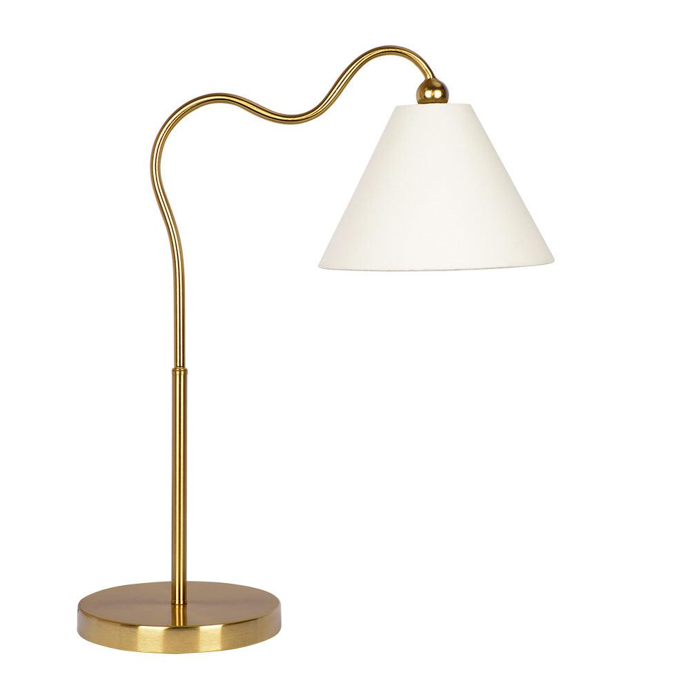 Ornate Brass Ring Base Curved Table Lamp with Triangle White Drum Shade, Modern Design, 18" L x 9.5" W x 22" H, Gold+White