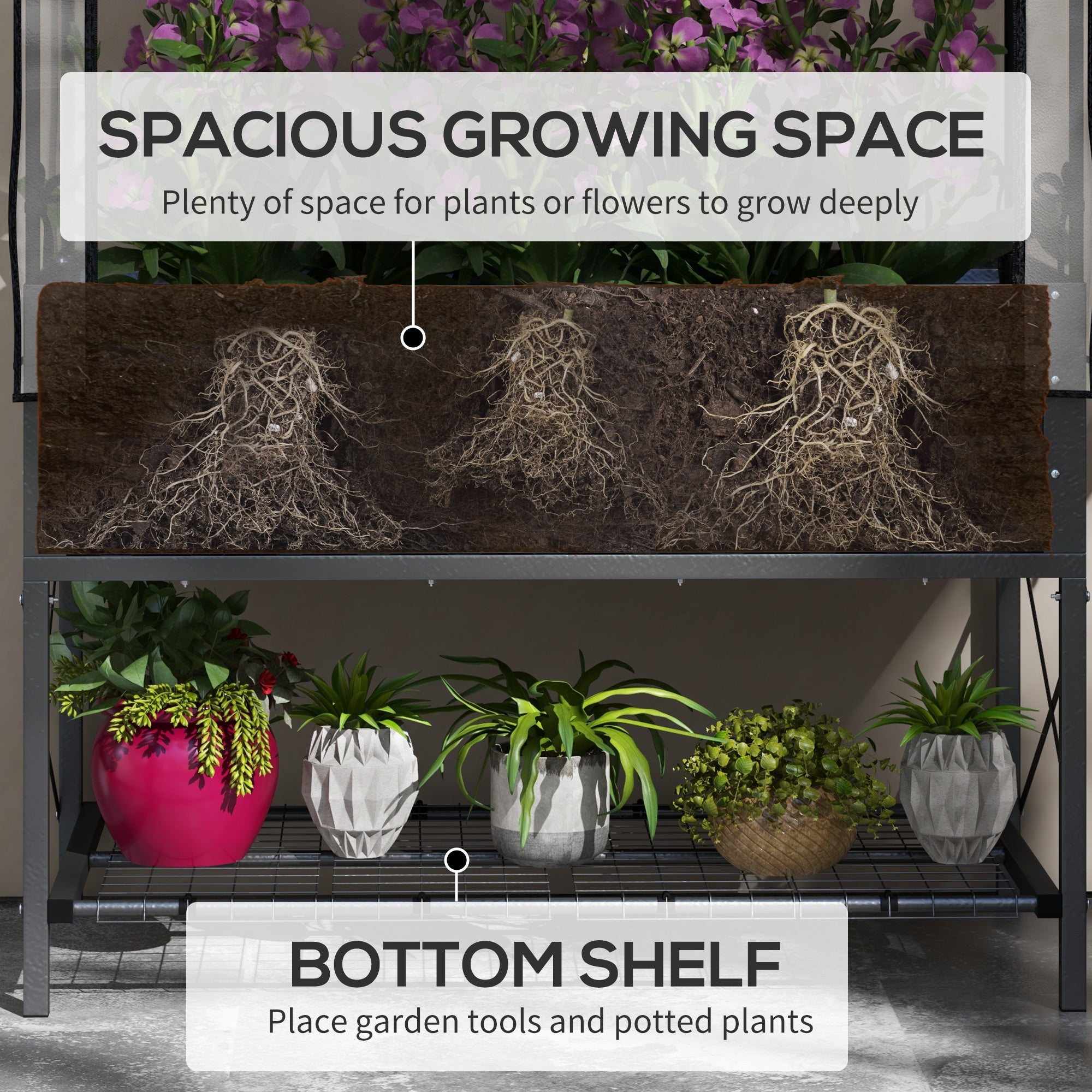 Raised Garden Bed with Legs and Cover, Metal Elevated Planter Box with Bottom Shelf and Liner for Vegetables, Black