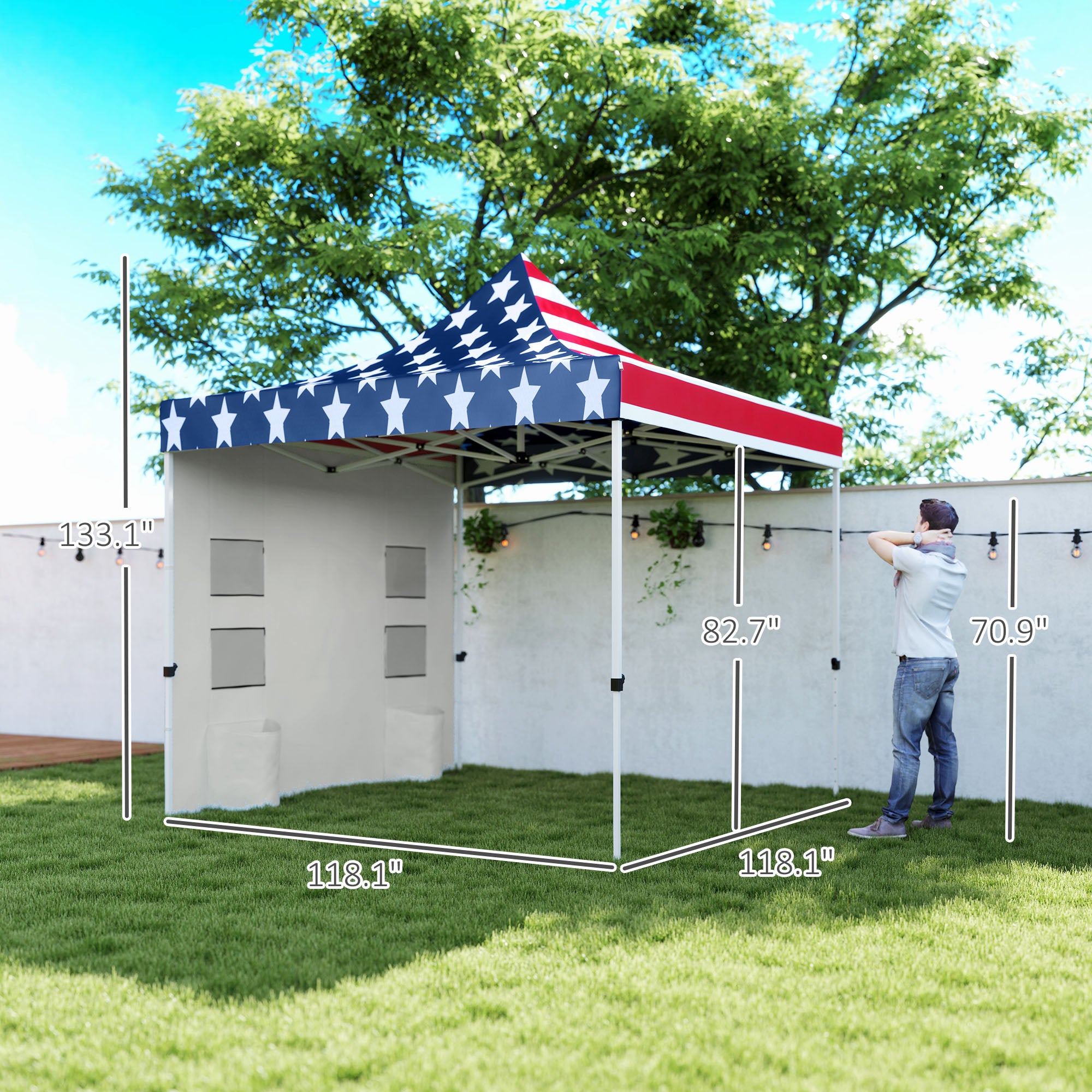 10' x 10' Heavy Duty Pop Up Canopy Tent with Sidewall, UPF50+ Instant Sun Shelter with Storage Pockets, American Flag